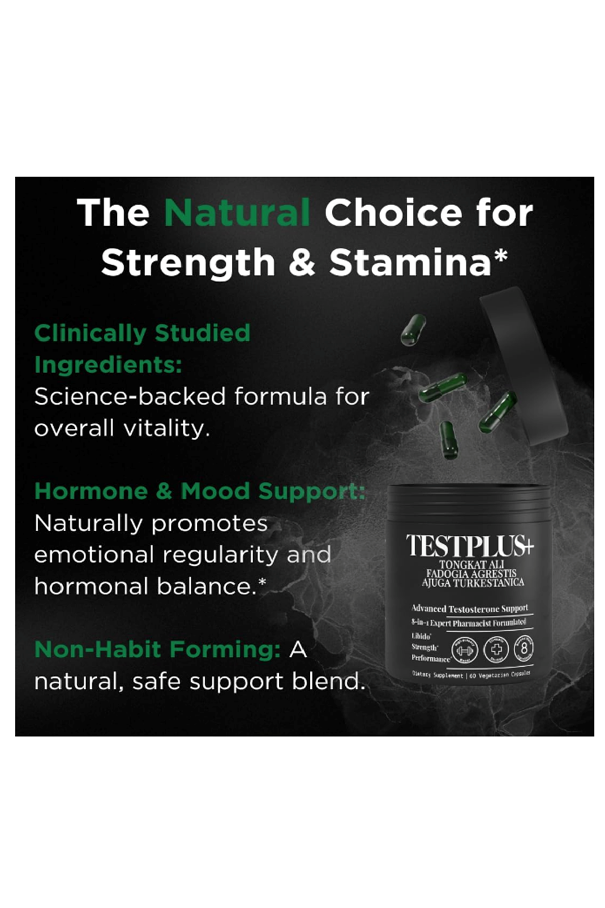 TESTPLUS+ Test Support for Men 60 Capsul- High Strength Tonkat Ali, Fadogia Agrestis,Turkestanica Tribulus -Natural Performance, Energy  Muscle Growth Formula.