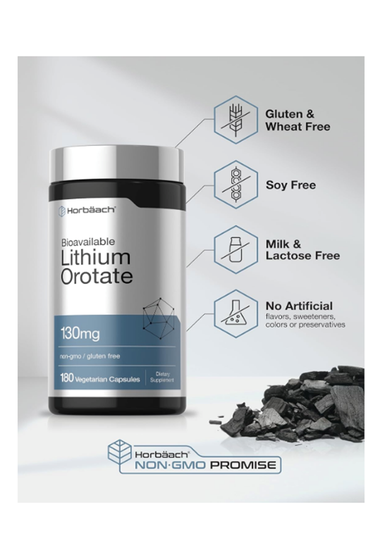 Horbäach Lithium Orotate 130mg  180 Capsul Non-GMO, Gluten Free  5mg. Usa Menşei.43.