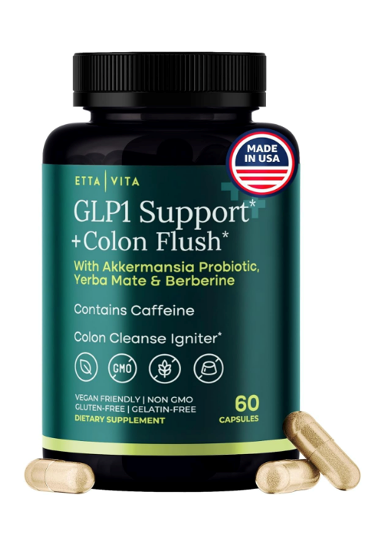 Etta Vita GLP-1 Colon Cleanse 60 Capsul Weight Loss  Energy - Appetite Suppressant  Fat Burner for women and men with Berberine, Yerba Mate, Psyllium Husk, Senna Leaf, Lemon, Black Garlic - Digestive Broom.Made ın Usa.