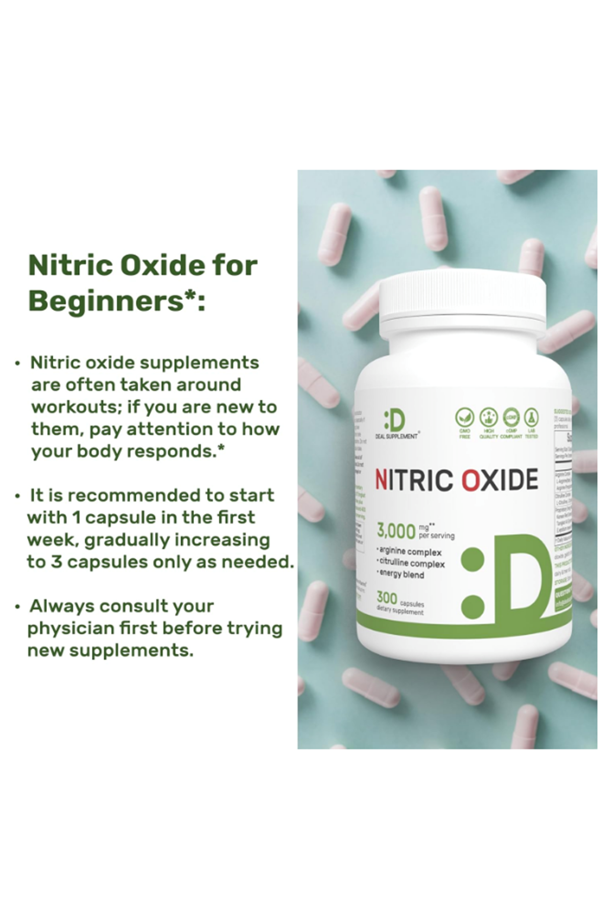 DEAL SUPLAMENT Nitric Oxide Supplement 3000mg, 300 Capsules – Arginine, Citrulline, Korean Red Ginseng, Tonkat Ali, Maca Root, Marshmallow Blend.