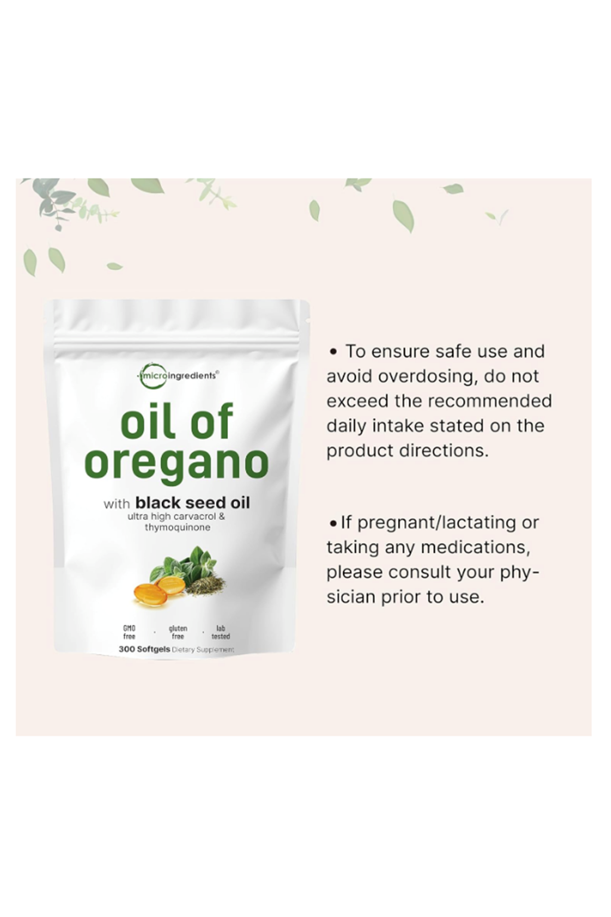 Micro Ingredients Oil of Oregano 300 Softgels Black Seed Oil 4X Strength Carvacrol  Thymoquinone  Plant Based Non-GMO.