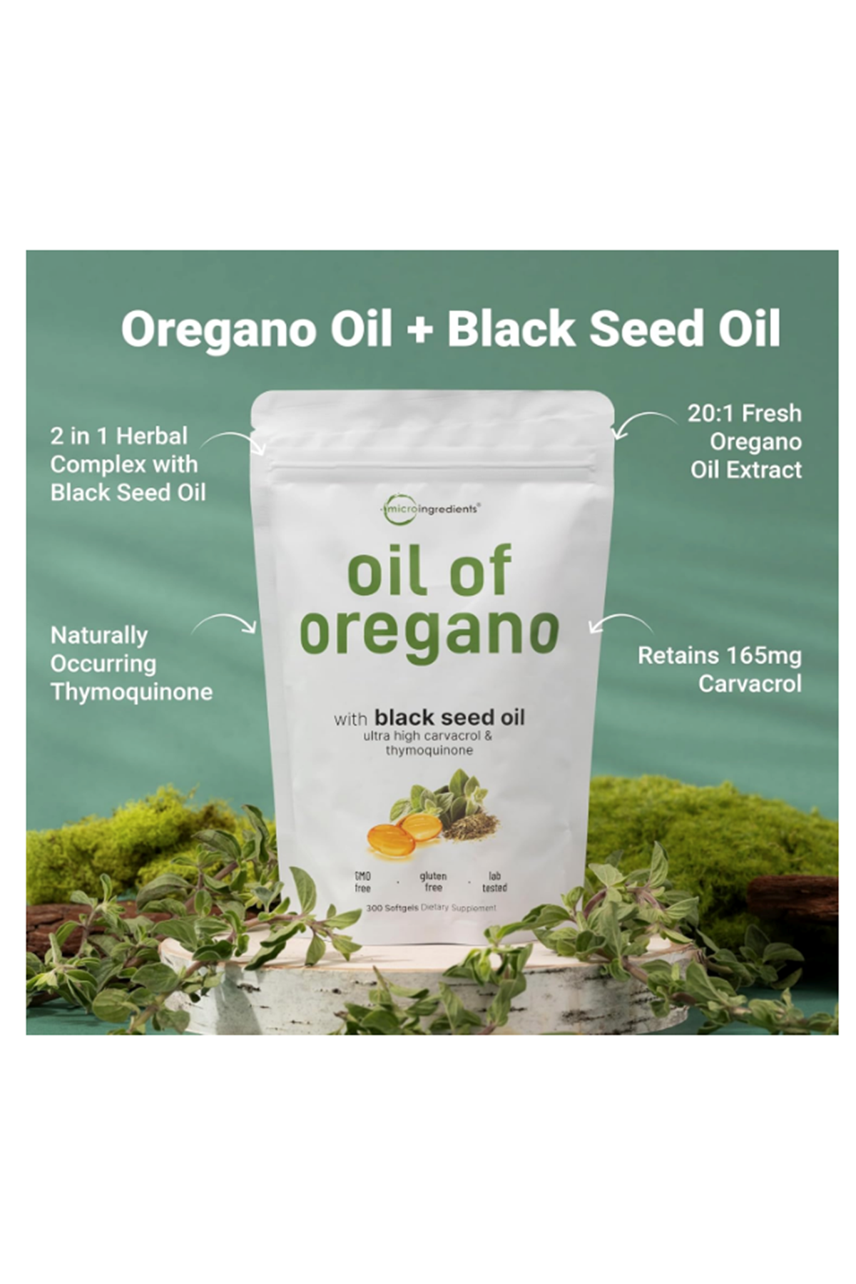 Micro Ingredients Oil of Oregano 300 Softgels Black Seed Oil 4X Strength Carvacrol  Thymoquinone  Plant Based Non-GMO.