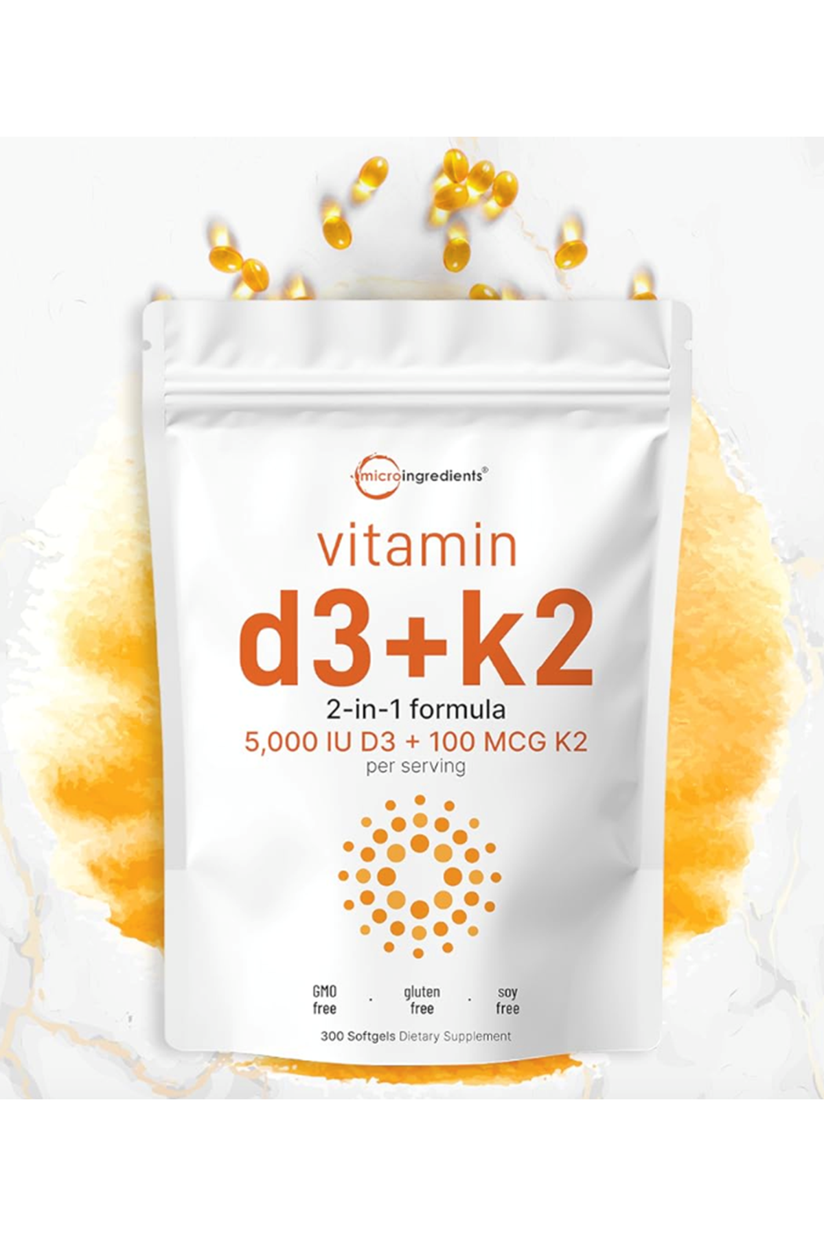 Micro Ingredients Vitamin D3 5,000 IU + K2 MK-7 100 mcg, 300 Softgels  Vitamins D - K Complex  Extra Strength, Easy to Swallow, Non-GMO, Gluten Free.