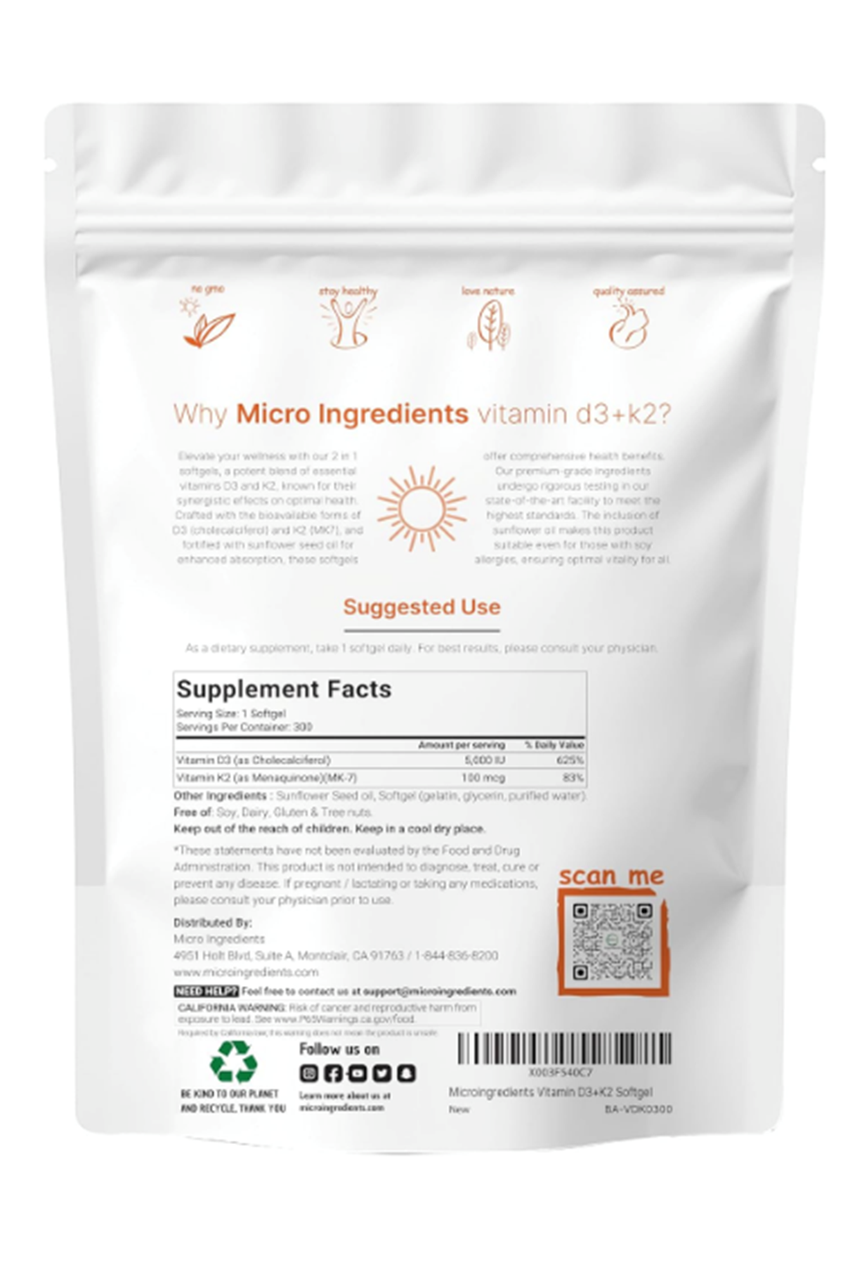 Micro Ingredients Vitamin D3 5,000 IU + K2 MK-7 100 mcg, 300 Softgels  Vitamins D - K Complex  Extra Strength, Easy to Swallow, Non-GMO, Gluten Free.