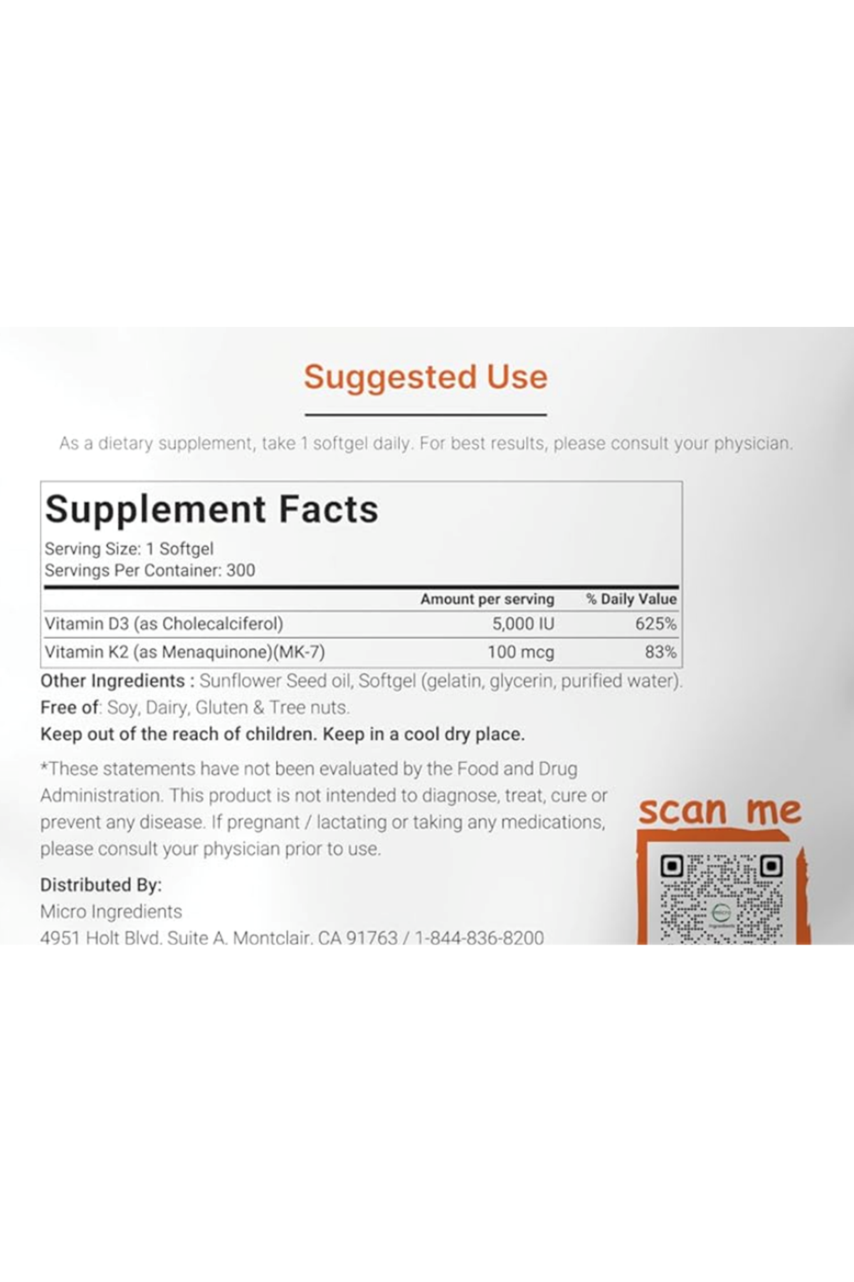 Micro Ingredients Vitamin D3 5,000 IU + K2 MK-7 100 mcg, 300 Softgels  Vitamins D - K Complex  Extra Strength, Easy to Swallow, Non-GMO, Gluten Free.