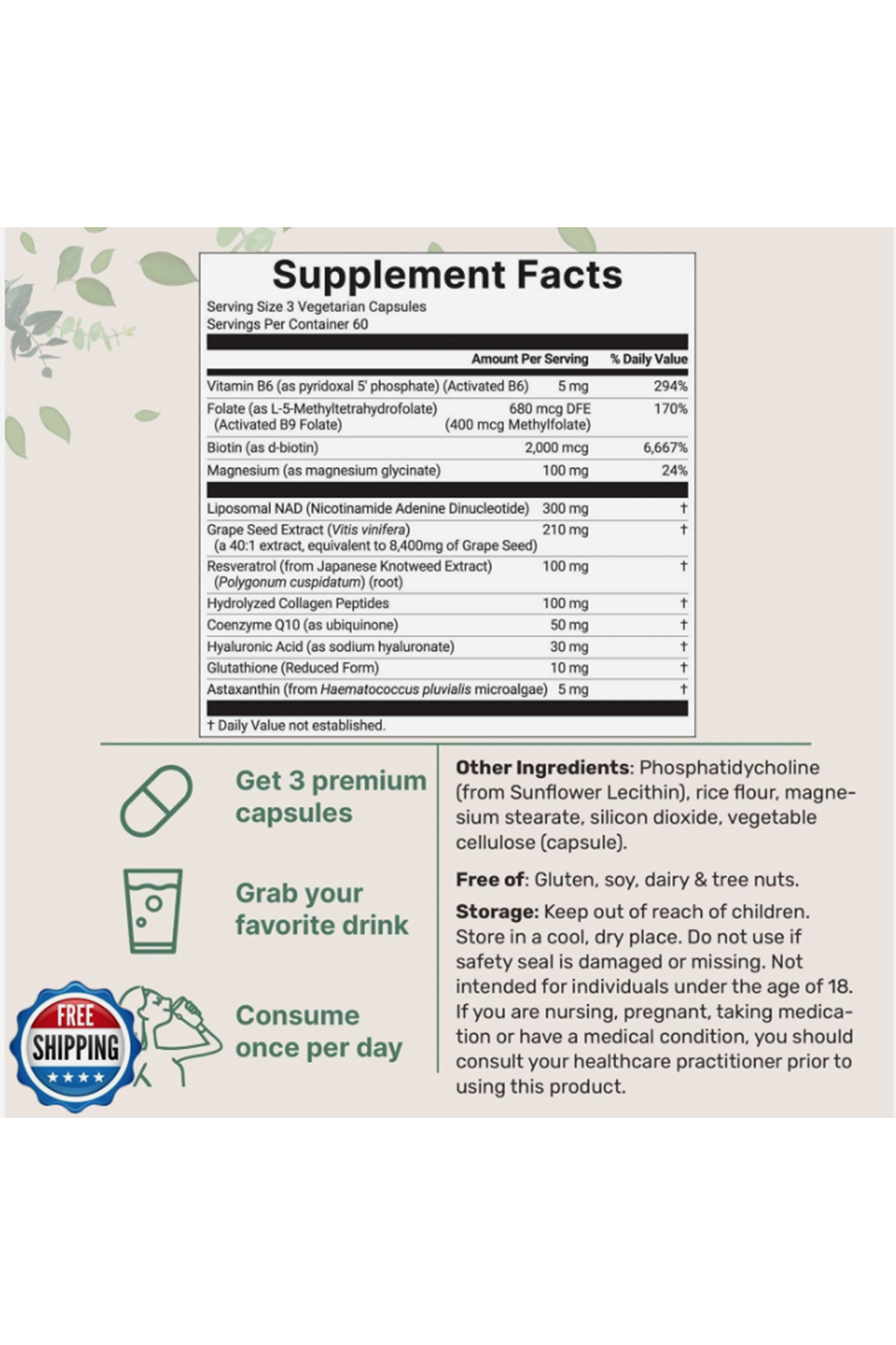 Micro Ingredients, Liposomal NAD+ For Women, 180 Vegetarian Capsules.