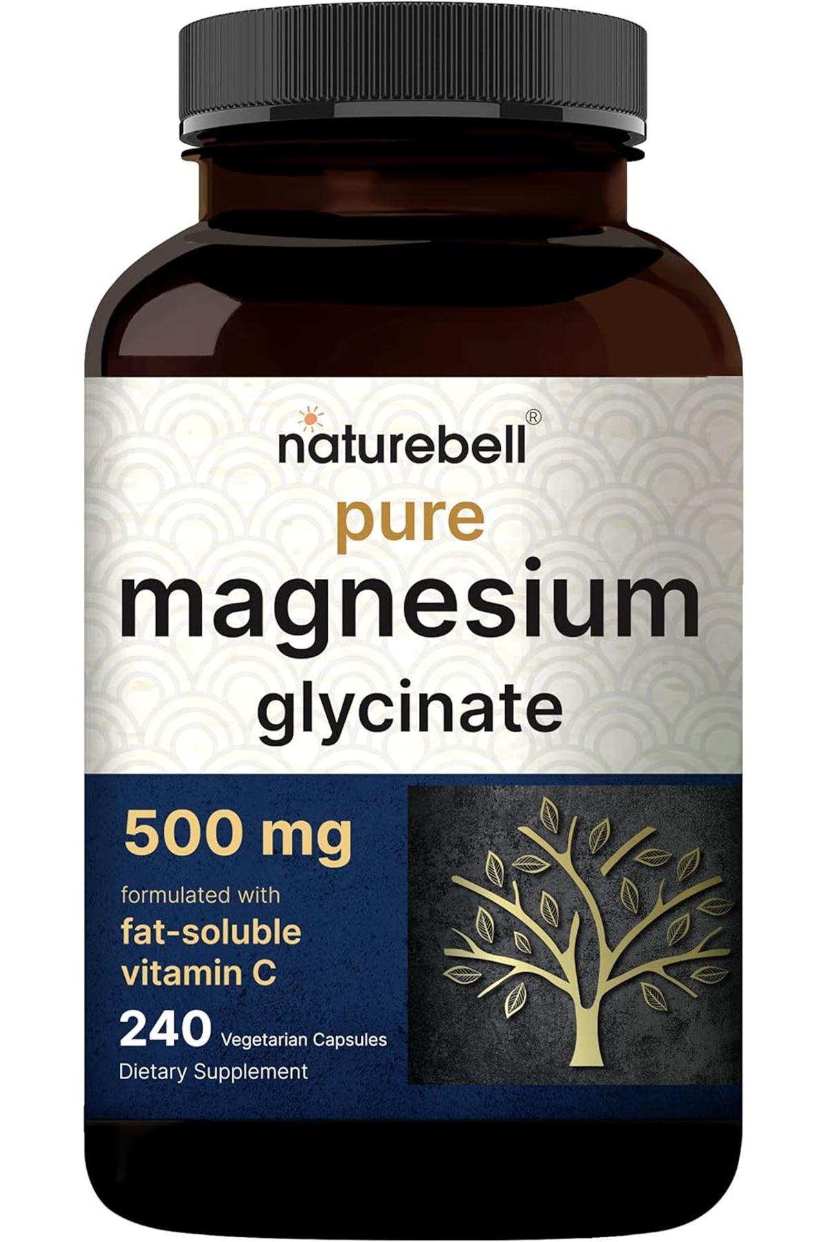 Naturebell Pure Magnesium Glycinate 500mg 240 Veggie Capsules with Fat Soluble Vitamin C, Veggie Capsules – 3rd Party Tested.USA.43.