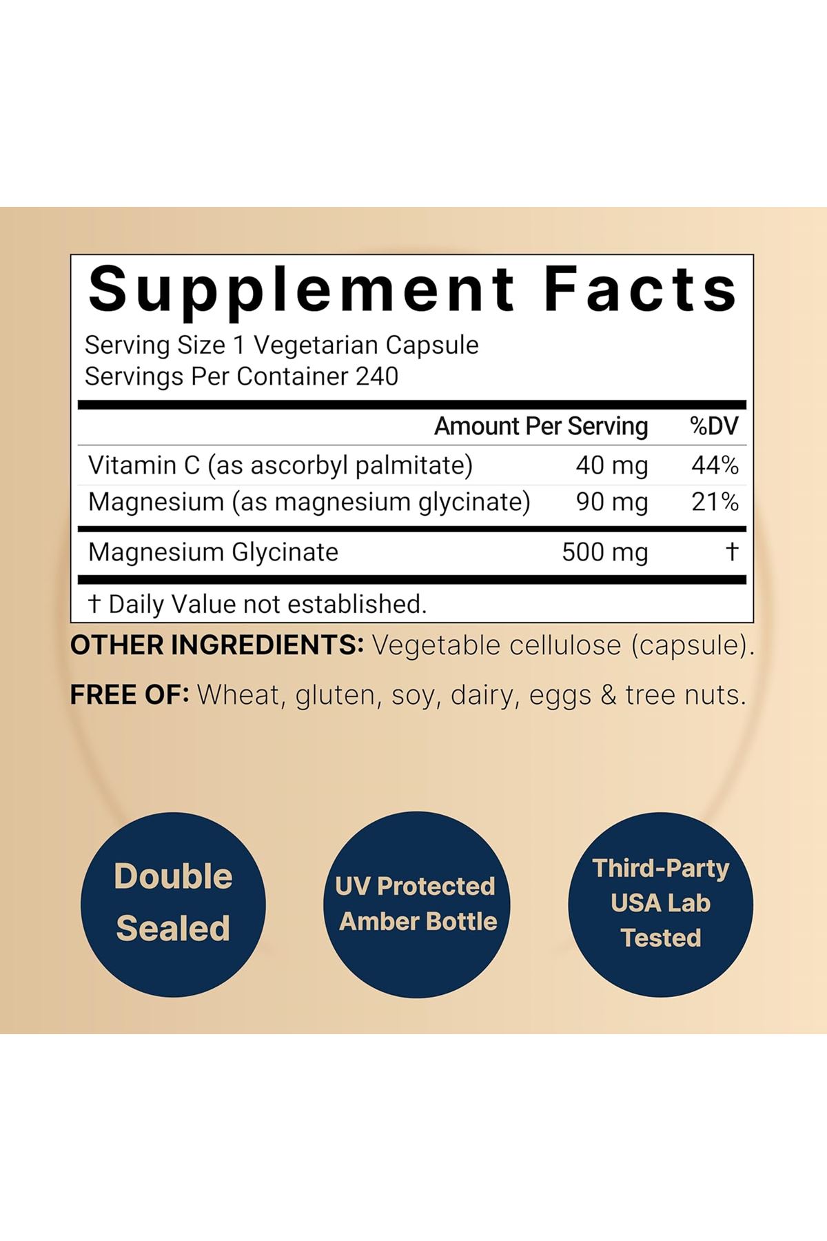 Naturebell Pure Magnesium Glycinate 500mg 240 Veggie Capsules with Fat Soluble Vitamin C, Veggie Capsules – 3rd Party Tested.USA.43.