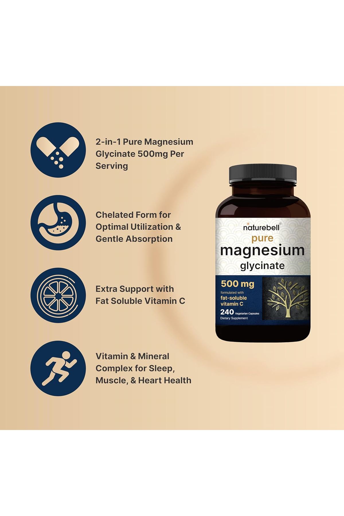 Naturebell Pure Magnesium Glycinate 500mg 240 Veggie Capsules with Fat Soluble Vitamin C, Veggie Capsules – 3rd Party Tested.USA.43.
