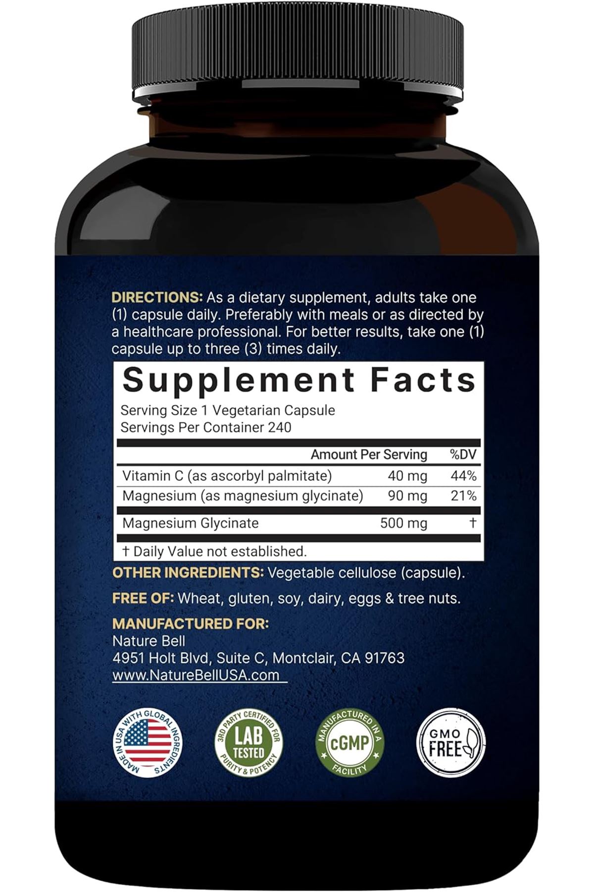 Naturebell Pure Magnesium Glycinate 500mg 240 Veggie Capsules with Fat Soluble Vitamin C, Veggie Capsules – 3rd Party Tested.USA.43.