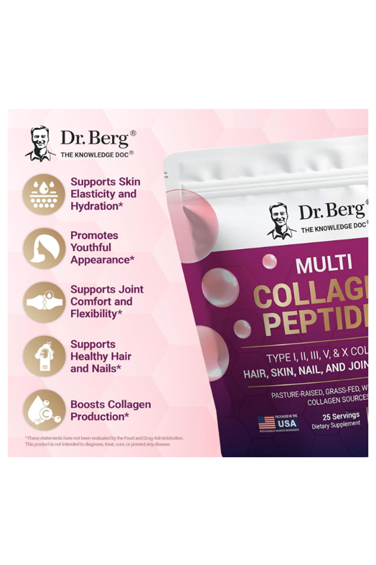 Dr. Berg Multi Collagen Peptides Powder Types I, II, III, V, X - Unflavored 400gr.