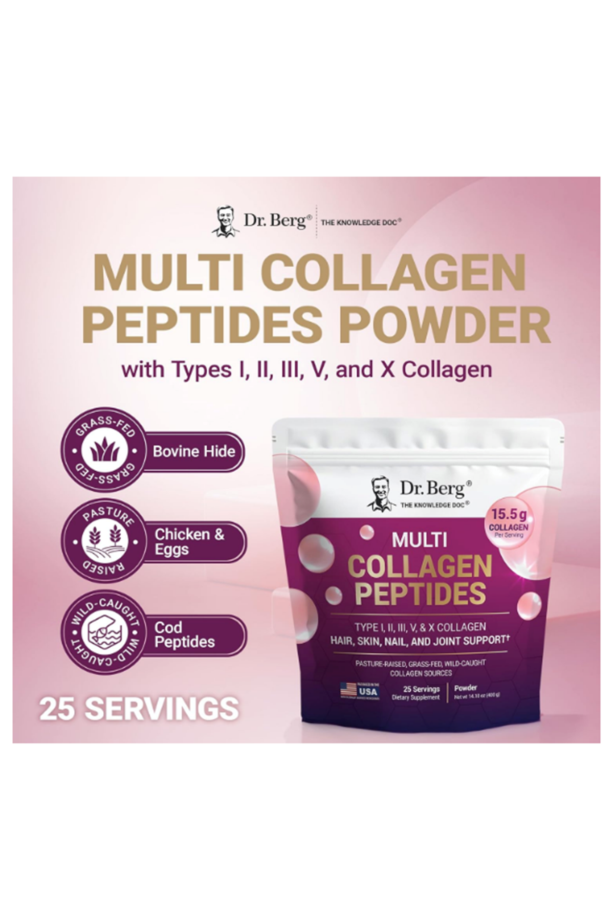 Dr. Berg Multi Collagen Peptides Powder Types I, II, III, V, X - Unflavored 400gr.