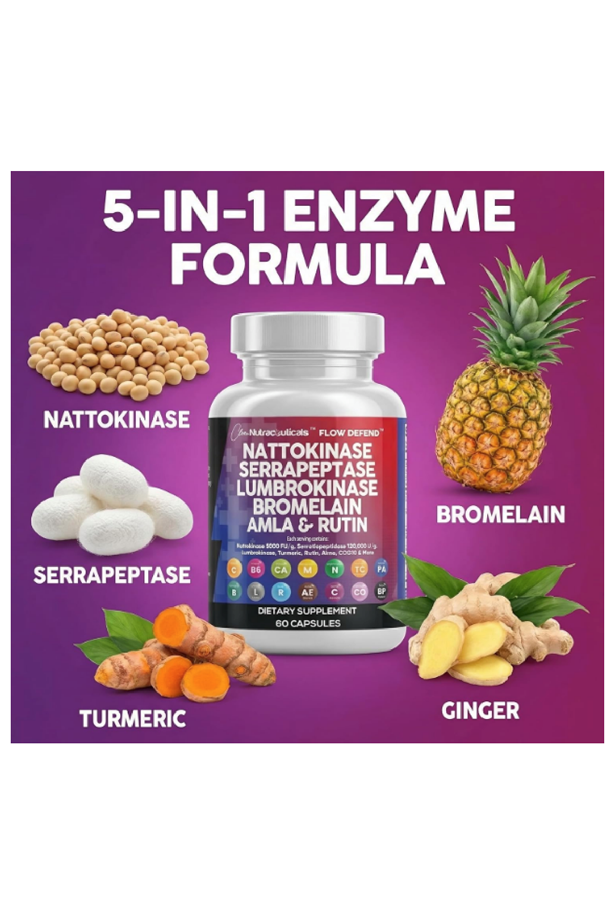 Clean Nutraceuticals Nattokinase, Serrapeptase, 60 Capsul,Lumbrokinase, Enzyme with Bromelain Papain Papaya Enzymes Rutin Extract Amla Magnezium Vitamin B6 & VIT C.