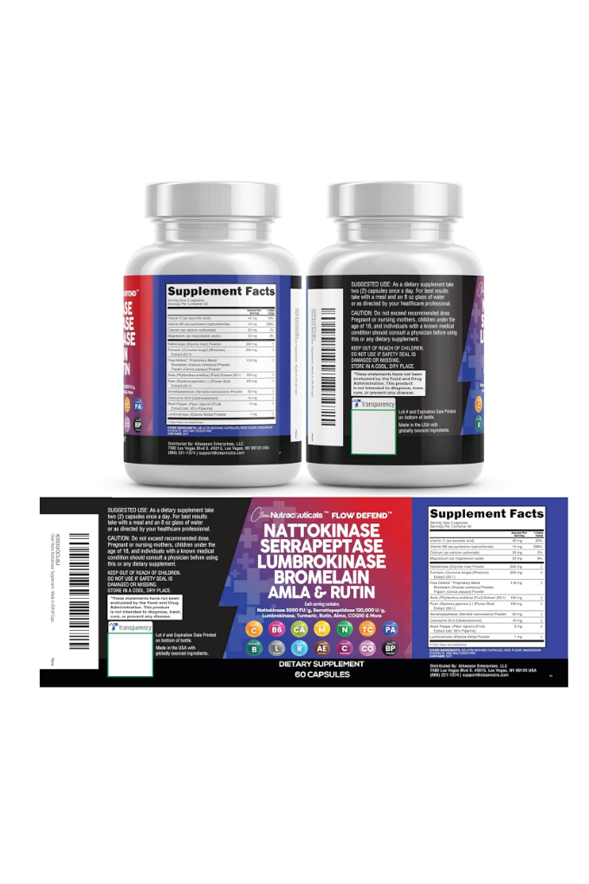 Clean Nutraceuticals Nattokinase, Serrapeptase, 60 Capsul,Lumbrokinase, Enzyme with Bromelain Papain Papaya Enzymes Rutin Extract Amla Magnezium Vitamin B6 & VIT C.