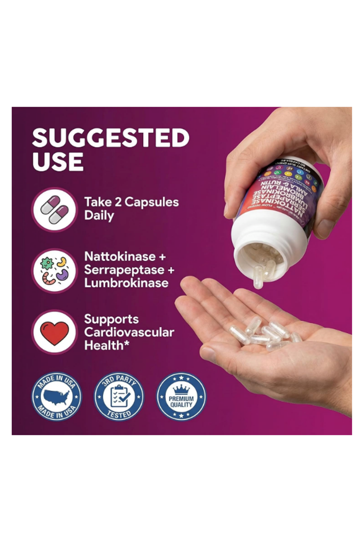 Clean Nutraceuticals Nattokinase, Serrapeptase, 60 Capsul,Lumbrokinase, Enzyme with Bromelain Papain Papaya Enzymes Rutin Extract Amla Magnezium Vitamin B6 & VIT C.