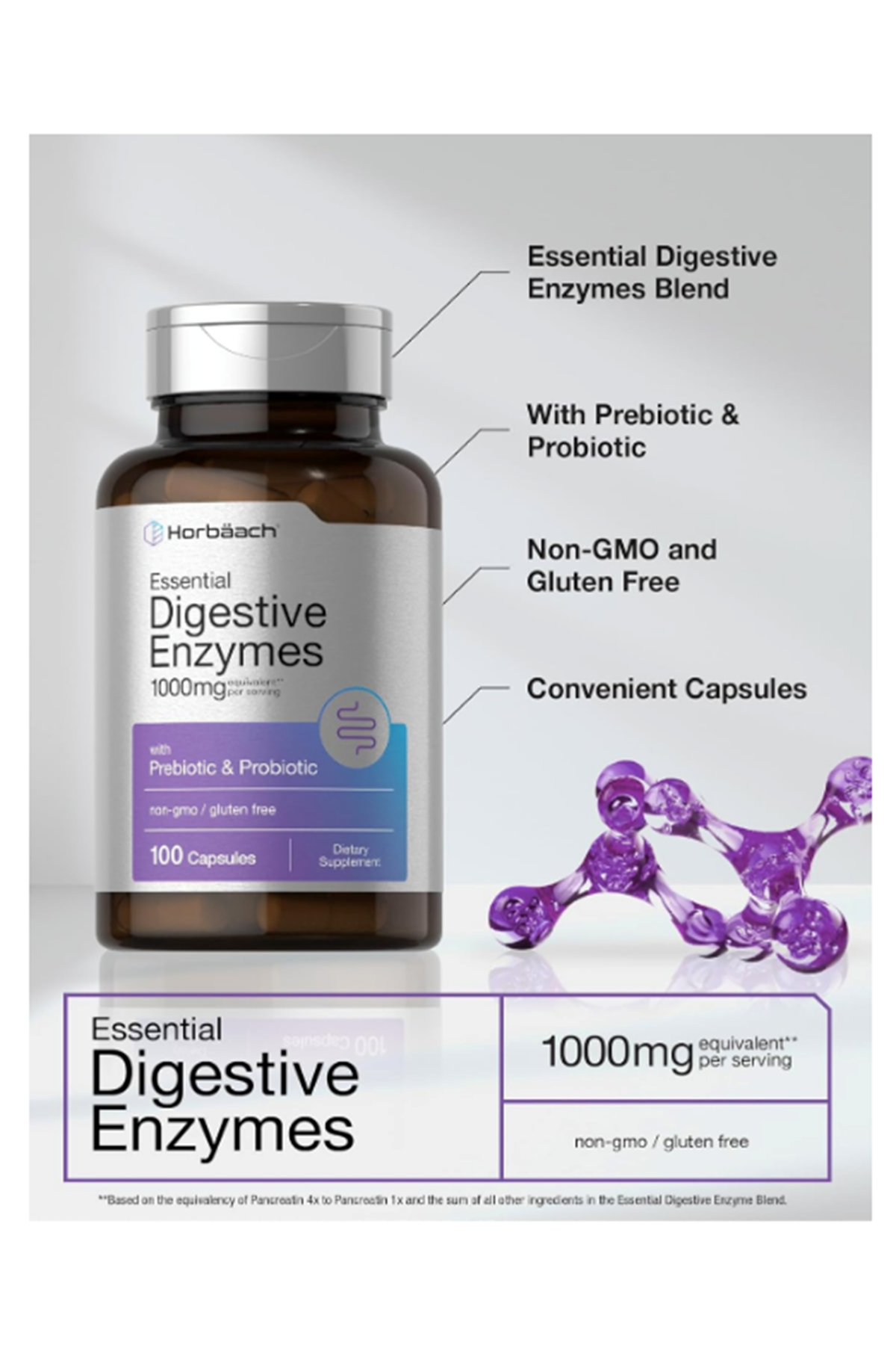 Horbaach Essential Digestive Enzymes 100 Capsules Enzyme Blend for Men & Women Non-GMO  Gluten Free.