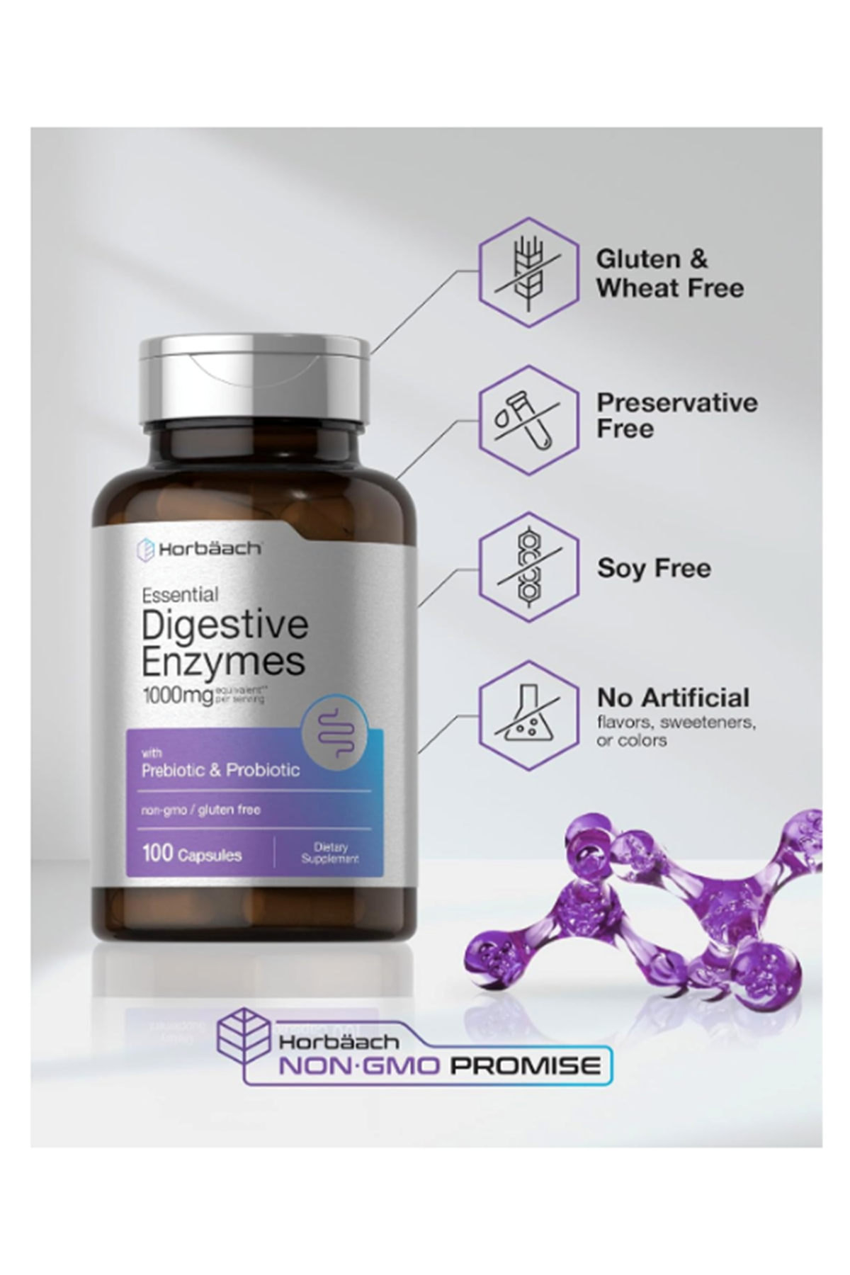 Horbaach Essential Digestive Enzymes 100 Capsules Enzyme Blend for Men & Women Non-GMO  Gluten Free.