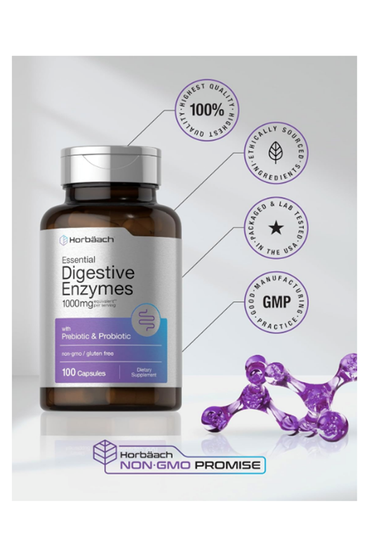 Horbaach Essential Digestive Enzymes 100 Capsules Enzyme Blend for Men & Women Non-GMO  Gluten Free.