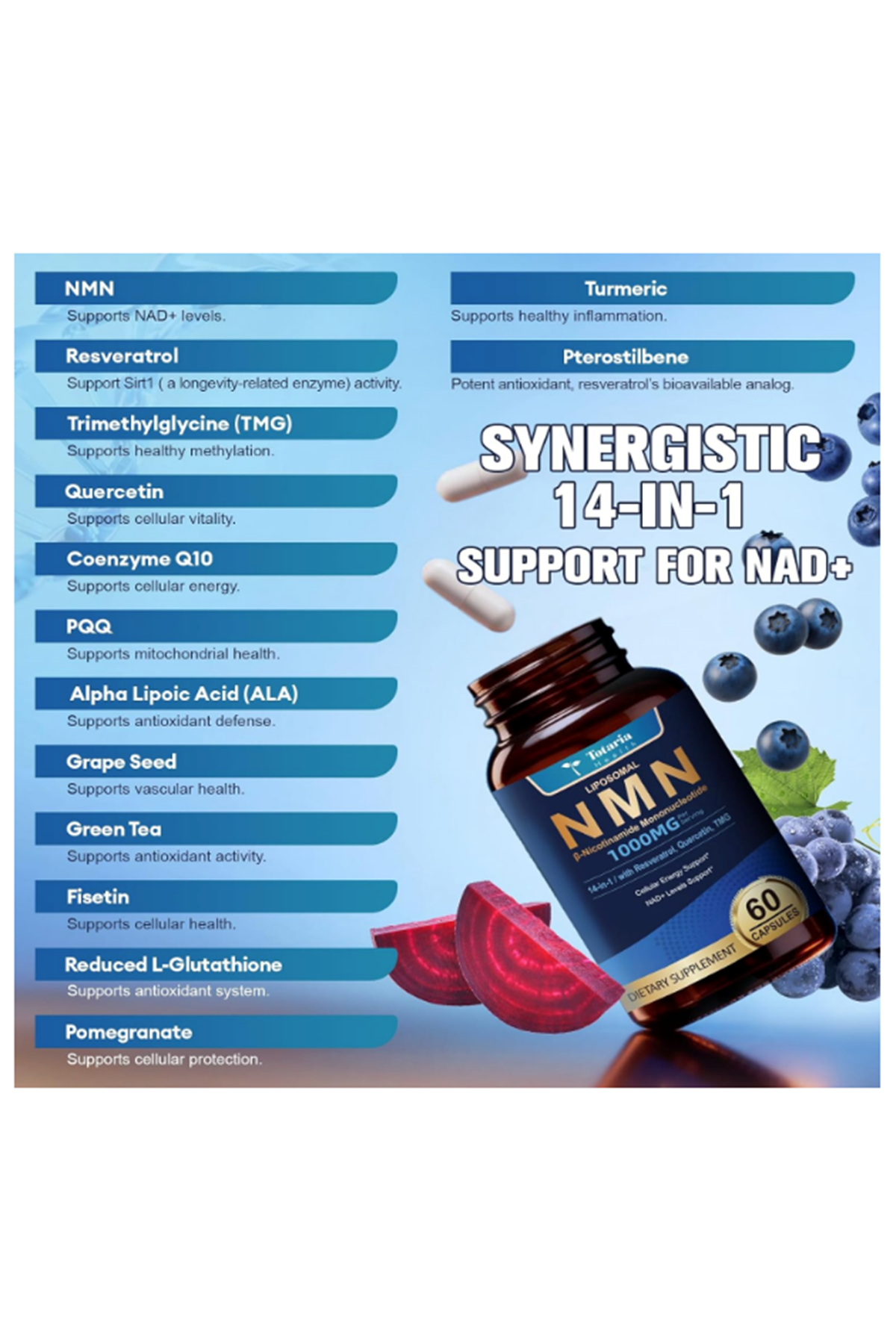 Totaria Liposomal NMN 1000mg, 60 Capsul,14-in-1 Resveratrol Complex with CoQ10, TMG, Quercetin, ALA, PQQ, NAD Levels, Cellular Energy  Healthy Aging.