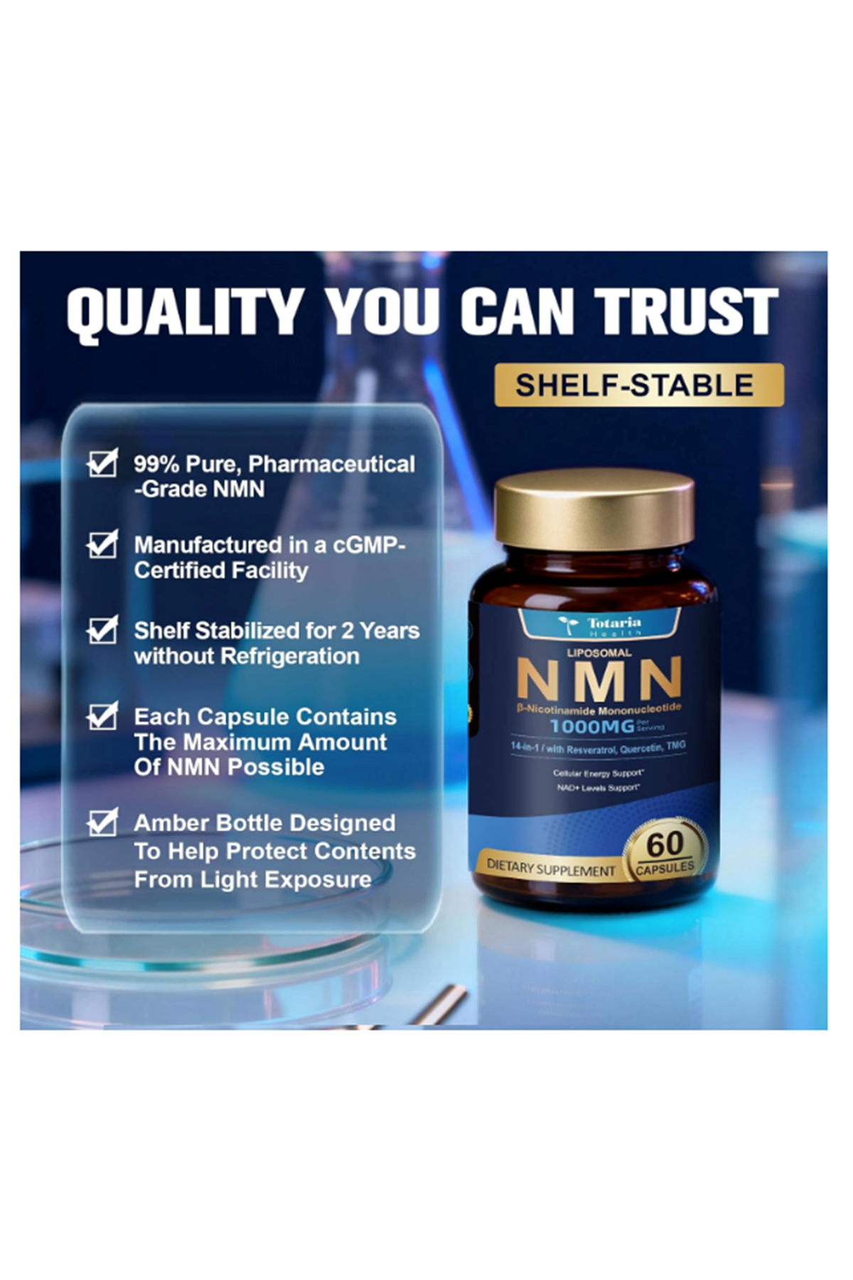 Totaria Liposomal NMN 1000mg, 60 Capsul,14-in-1 Resveratrol Complex with CoQ10, TMG, Quercetin, ALA, PQQ, NAD Levels, Cellular Energy  Healthy Aging.