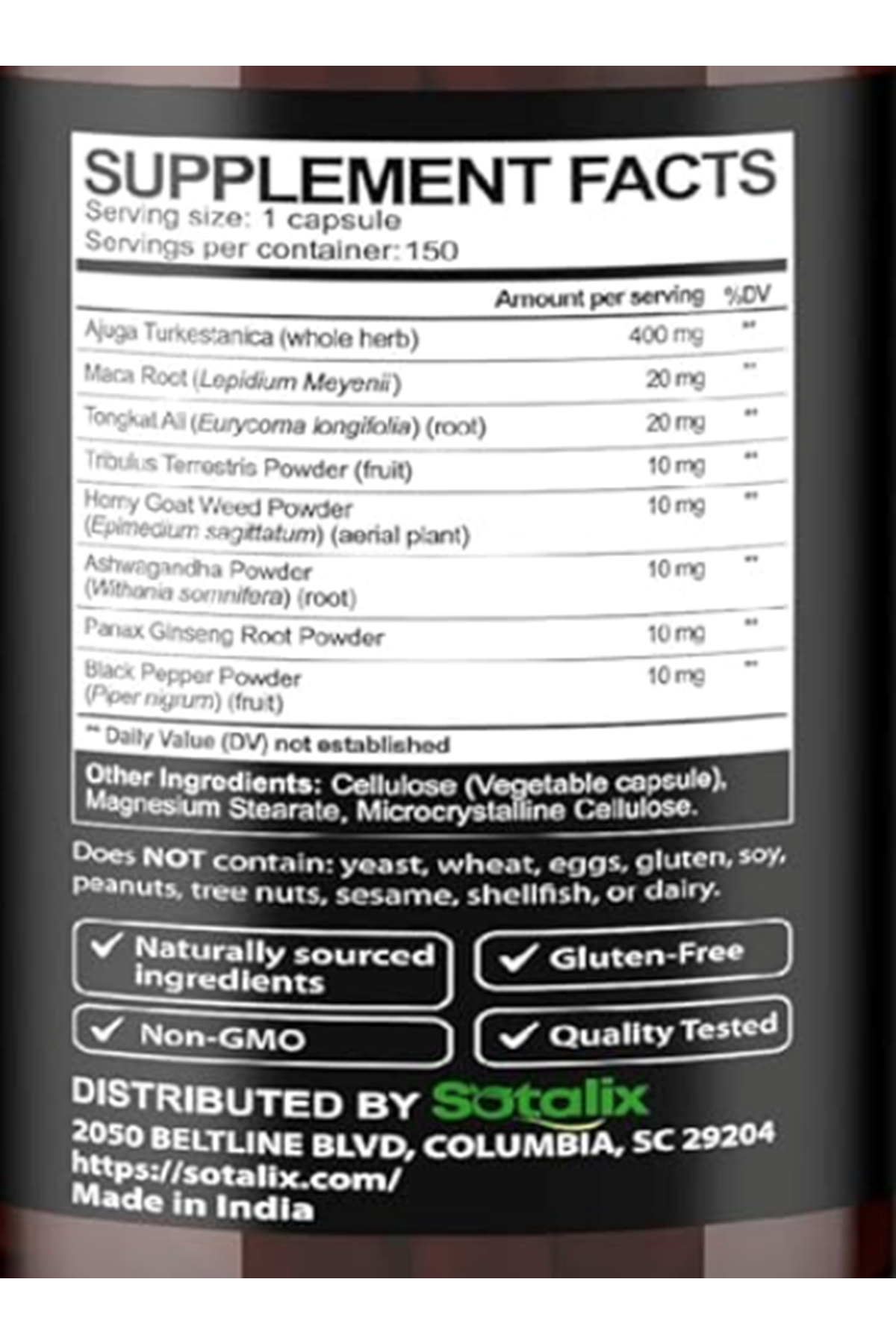 SOTALIX Turkesterone Ajuga Turkestanica 150 Capsul Standardized High Potency with Maca Root Tribulus Terrestris - Muscle Growth Energy Memory Support.