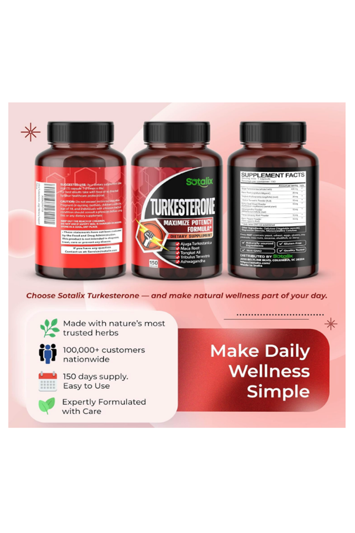 SOTALIX Turkesterone Ajuga Turkestanica 150 Capsul Standardized High Potency with Maca Root Tribulus Terrestris - Muscle Growth Energy Memory Support.