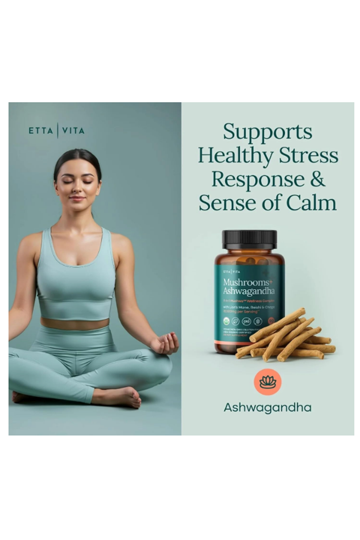 Etta Vita Mushroom+Asvaganda 90 Capsul Lions Mane,Chaga,Reishi,Cordyceps,Turkey Tail Complex Focus-Energy,Immunity Nootropic.