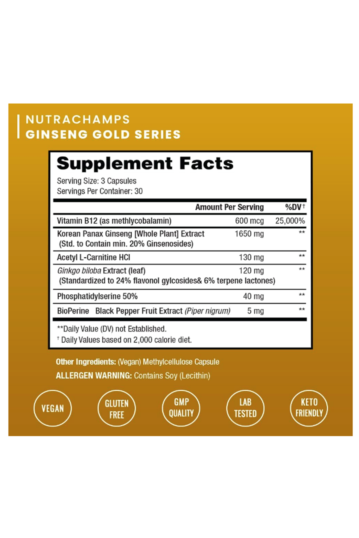 NutraChamps Korean Red Panax Ginseng +Ginkgo  90 Capsul Extra Strength Ginsenosides for Energy, Focus, Performance, Vitality  Immune Support  Korean Red Ginseng Root Extract (Premium Gold).