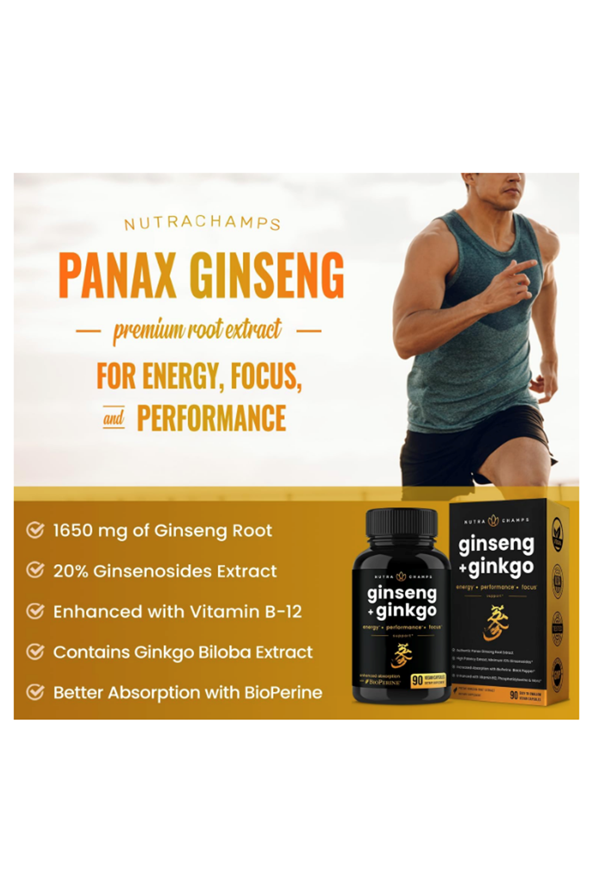 NutraChamps Korean Red Panax Ginseng +Ginkgo  90 Capsul Extra Strength Ginsenosides for Energy, Focus, Performance, Vitality  Immune Support  Korean Red Ginseng Root Extract (Premium Gold).