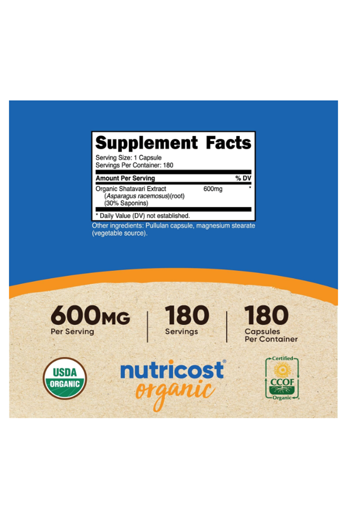 Shatavari 600mg, 180 Capsules, 180 Servings - CCOF Certified Made with Organic Shatavari.