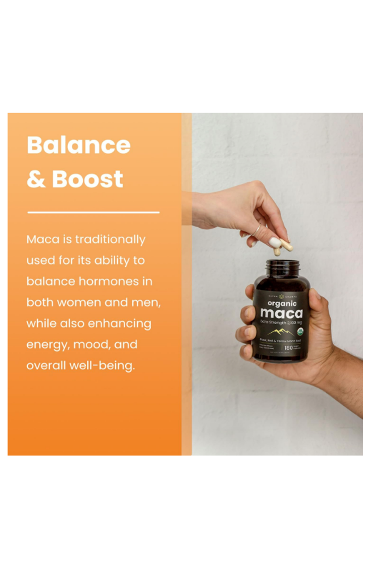 NutraChamps USDA Organic Peruvian Maca Root  Women - Men, 2100mg, 180 Capsul, Black, Red - Yellow, Peruana, Extra Strength Pure Premium.