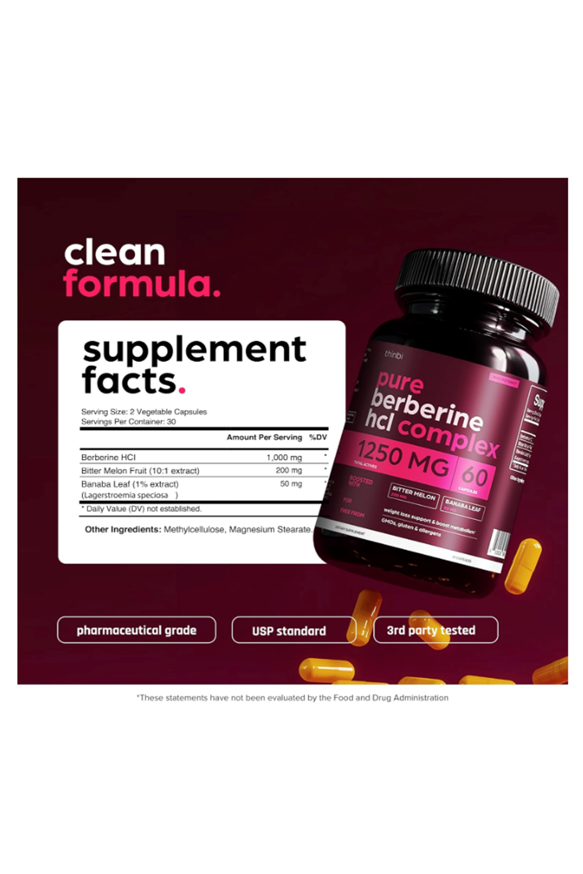 THİNBİ Berberine 1000mg 60 Capsul Potent Botanical for Weight Management with Bitter Melon and Banaba Leaf - HCl from Barberry Extract.