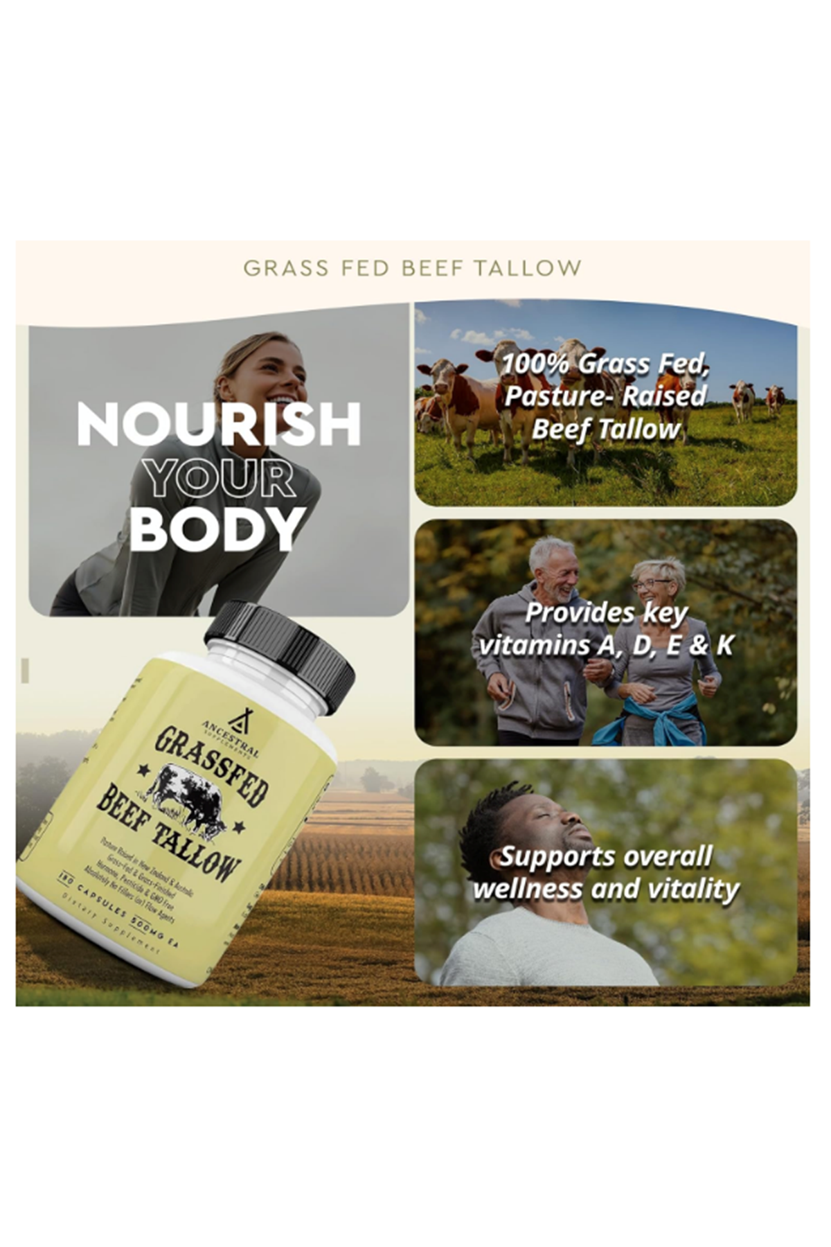 Ancestral Supplements Grass Fed Beef Tallow 3000mg 180 Capsul. Nourishing Kidney Fat Bones, Teeth, Gums, Skin, Immune and Overall Health.