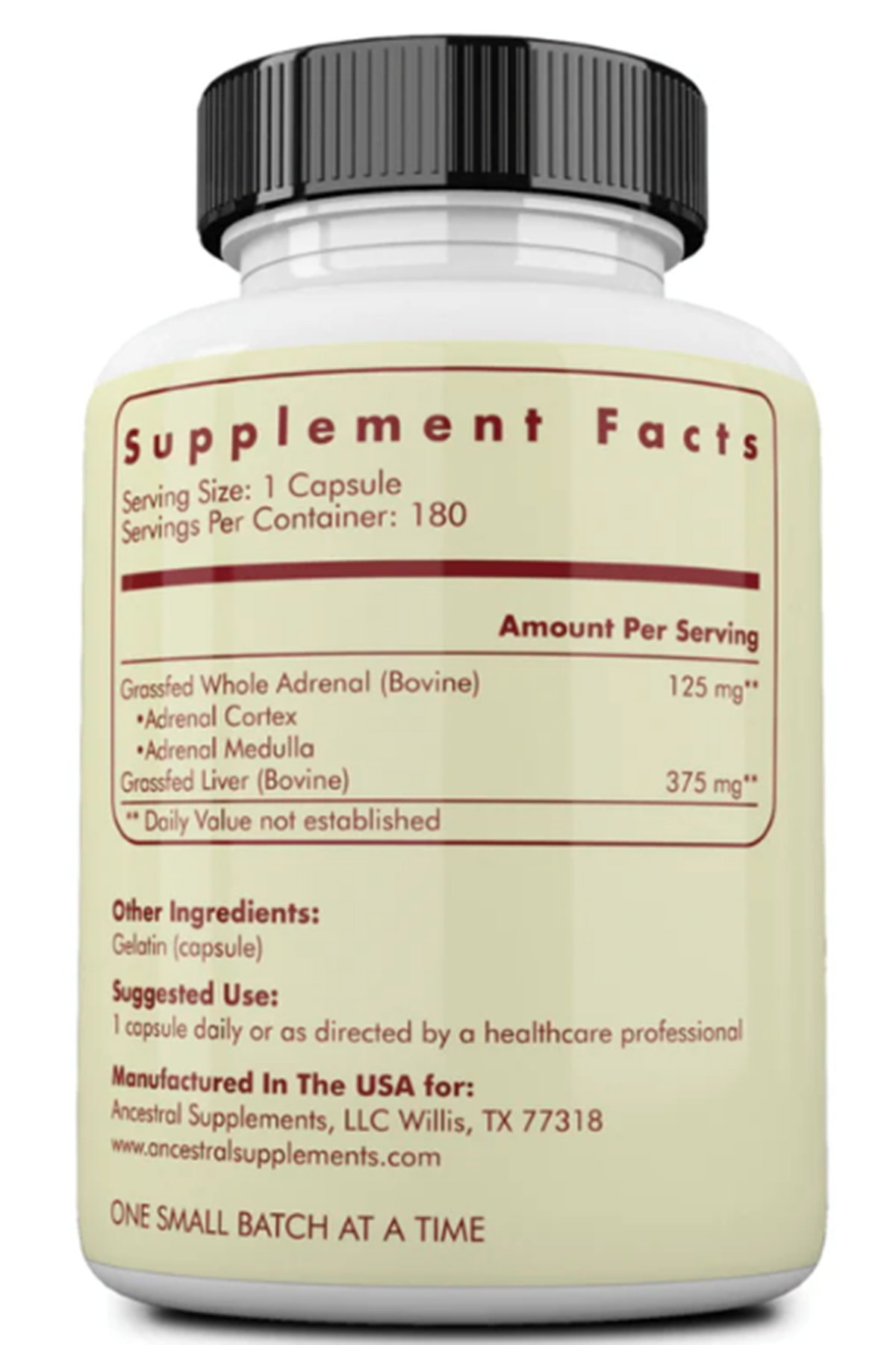 Ancestral Supplements Grass Fed Beef Adrenal  500mg,  180 Capsul.