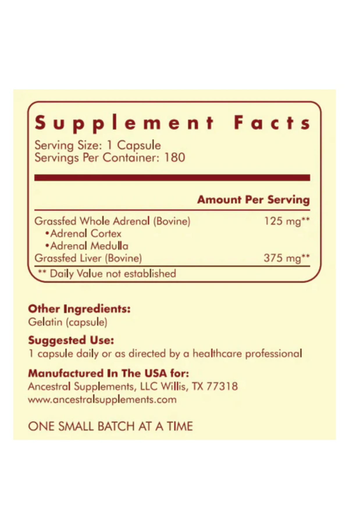 Ancestral Supplements Grass Fed Beef Adrenal  500mg,  180 Capsul.