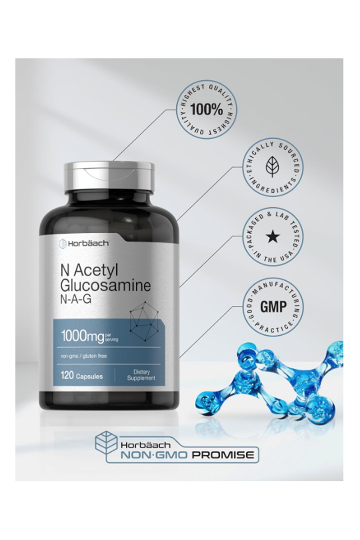 Horbaach  N-Acetyl Glucosamine 1000mg  120 Capsules  N-A-G Supplement Non-GMO  Gluten Free.