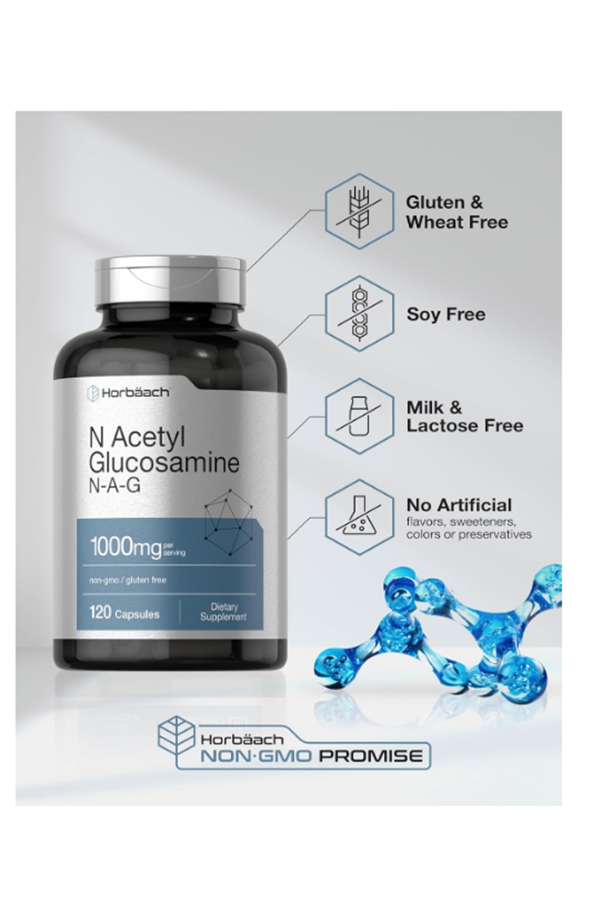 Horbaach  N-Acetyl Glucosamine 1000mg  120 Capsules  N-A-G Supplement Non-GMO  Gluten Free.