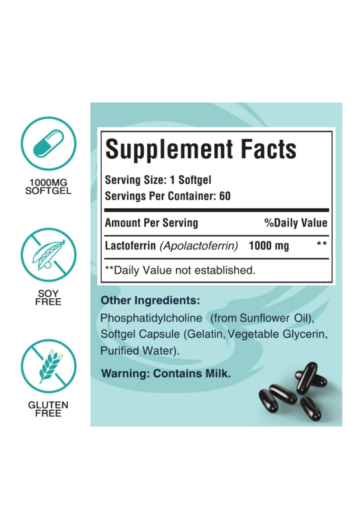 Pepeior Liposomal Bovine Lactoferrin 1000mg - Higher Absorption - for Iron Absorption  Immune Function, 60 Softgels.