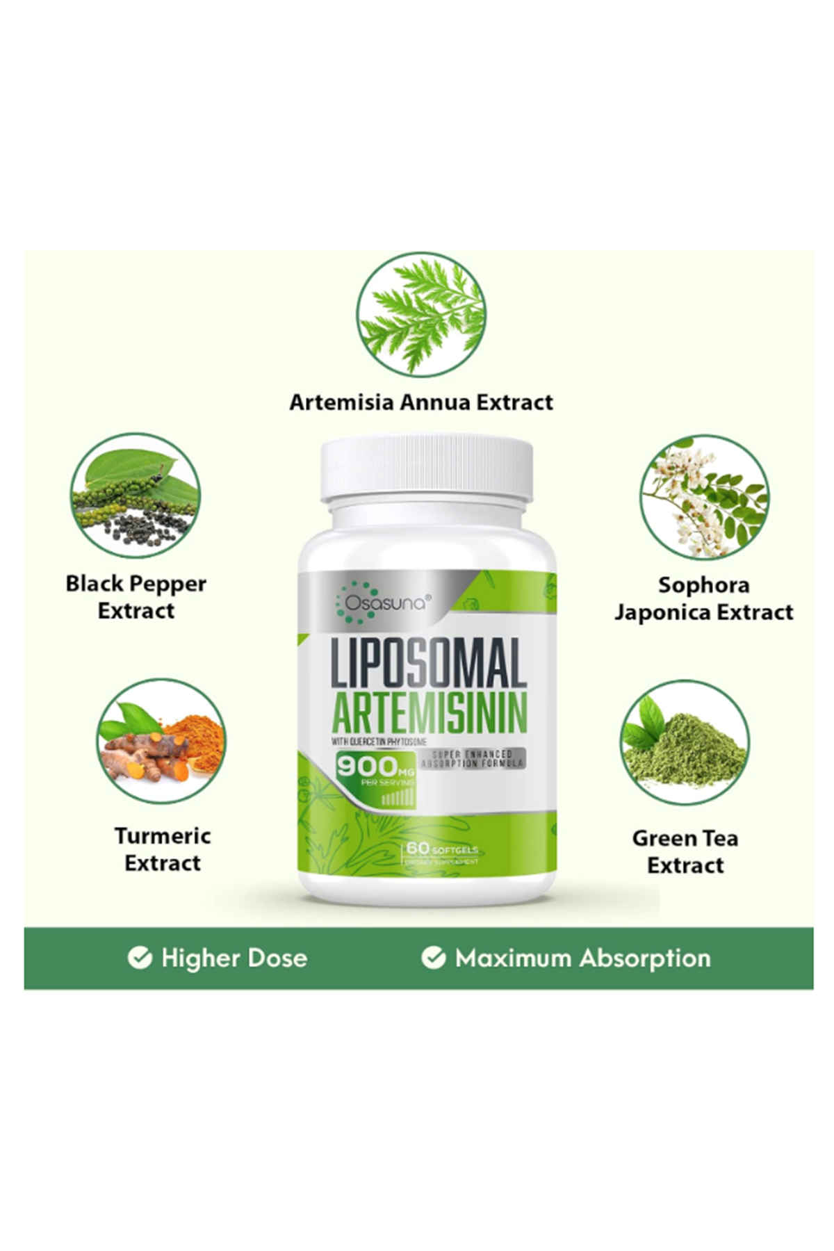 Osasuna Liposomal Artemisinin 900mg 60 Softgels Maximum Absorption, Sweet Wormwood Extract(Artemisia Annua) with Quercetin Phytosome.