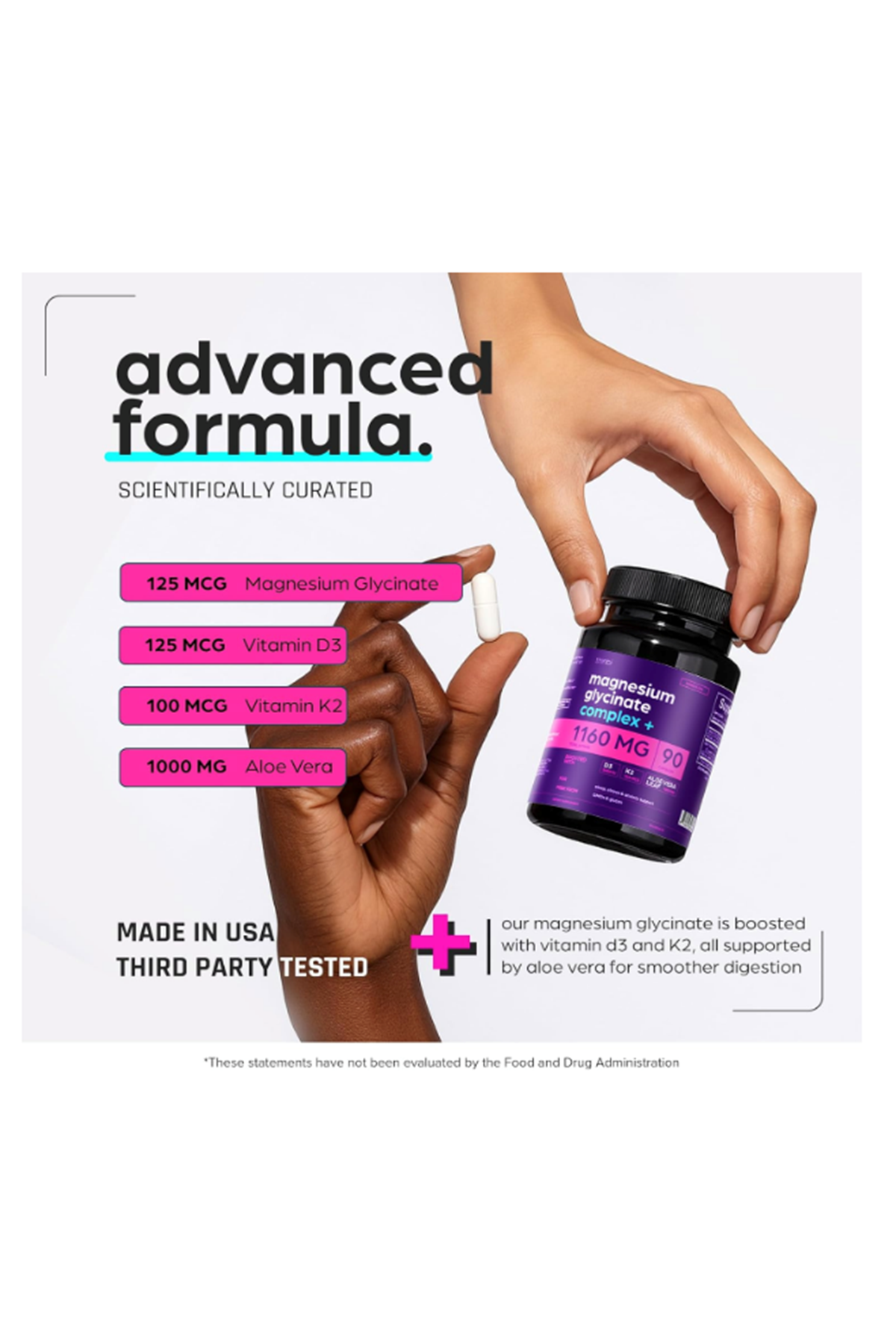 THİNBİ Magnesium Chelated  Glycinate 1160mg + Aloe Vera, D3  K2 Complex 90 Capsules - High Absorption.