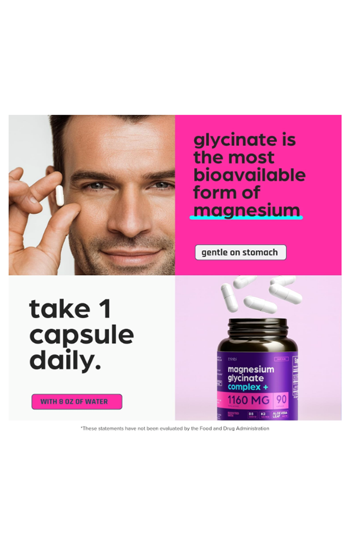 THİNBİ Magnesium Chelated  Glycinate 1160mg + Aloe Vera, D3  K2 Complex 90 Capsules - High Absorption.