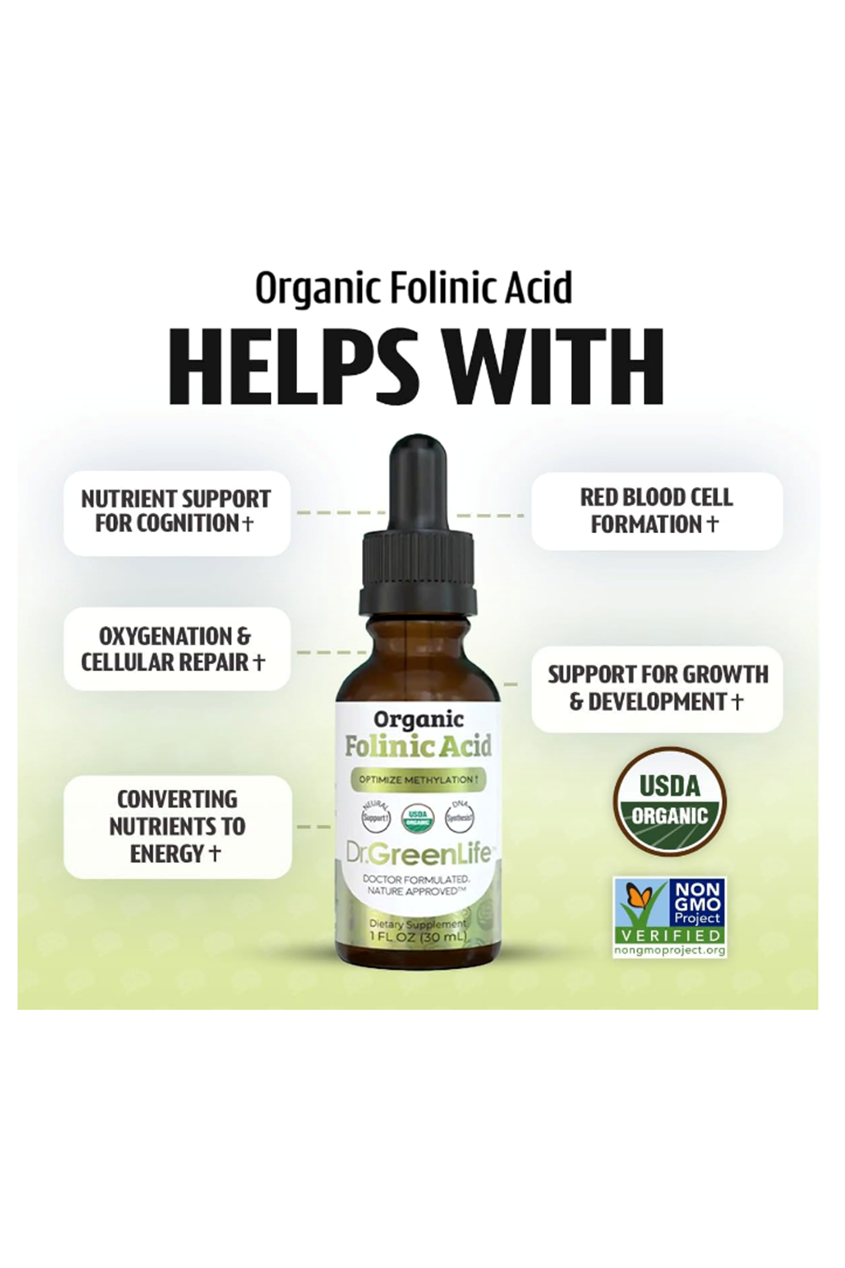 Dr. Green Mom USDA Organic Folinic Acid Drops - 500 mcg per Drop  30 ML Methylation Support B9 Supplements for Kids  Adults  Neurological Function.