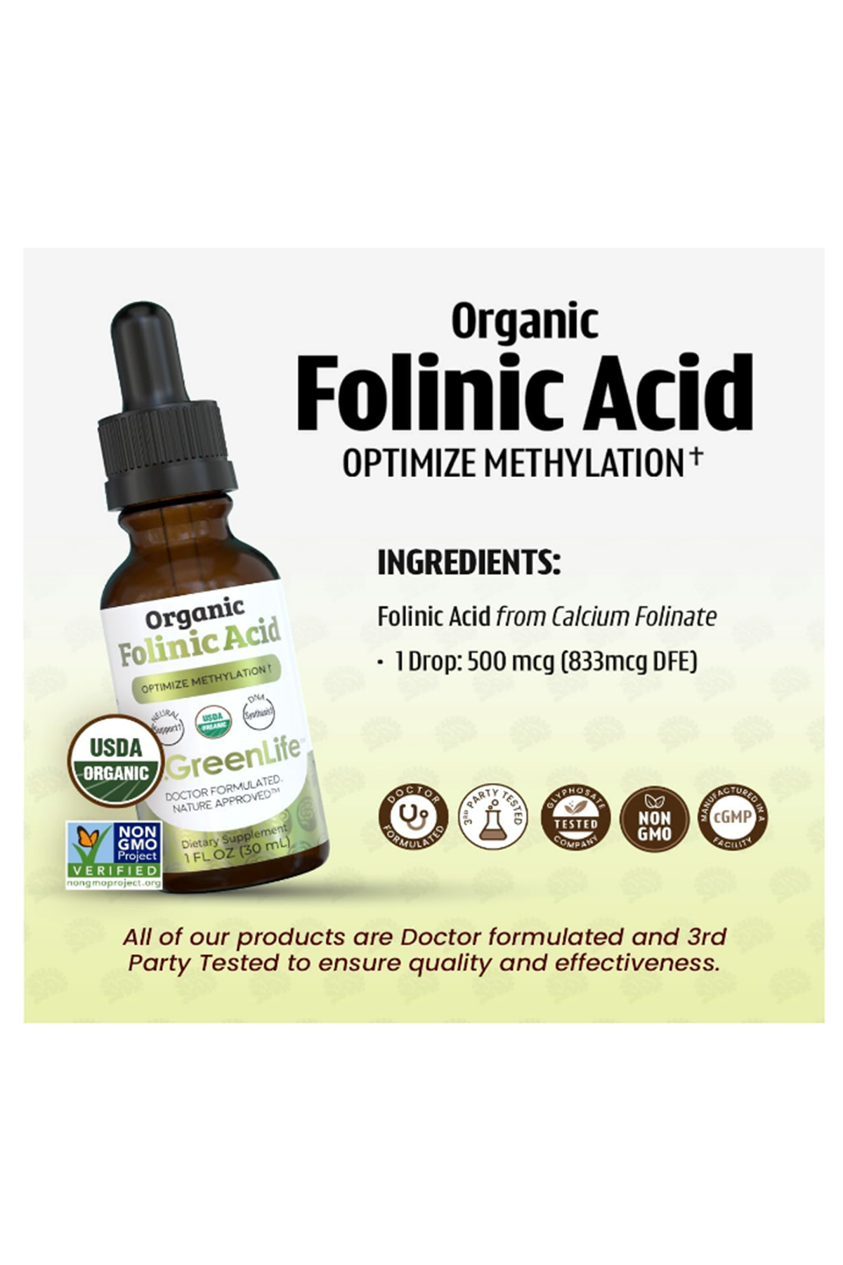 Dr. Green Mom USDA Organic Folinic Acid Drops - 500 mcg per Drop  30 ML Methylation Support B9 Supplements for Kids  Adults  Neurological Function.