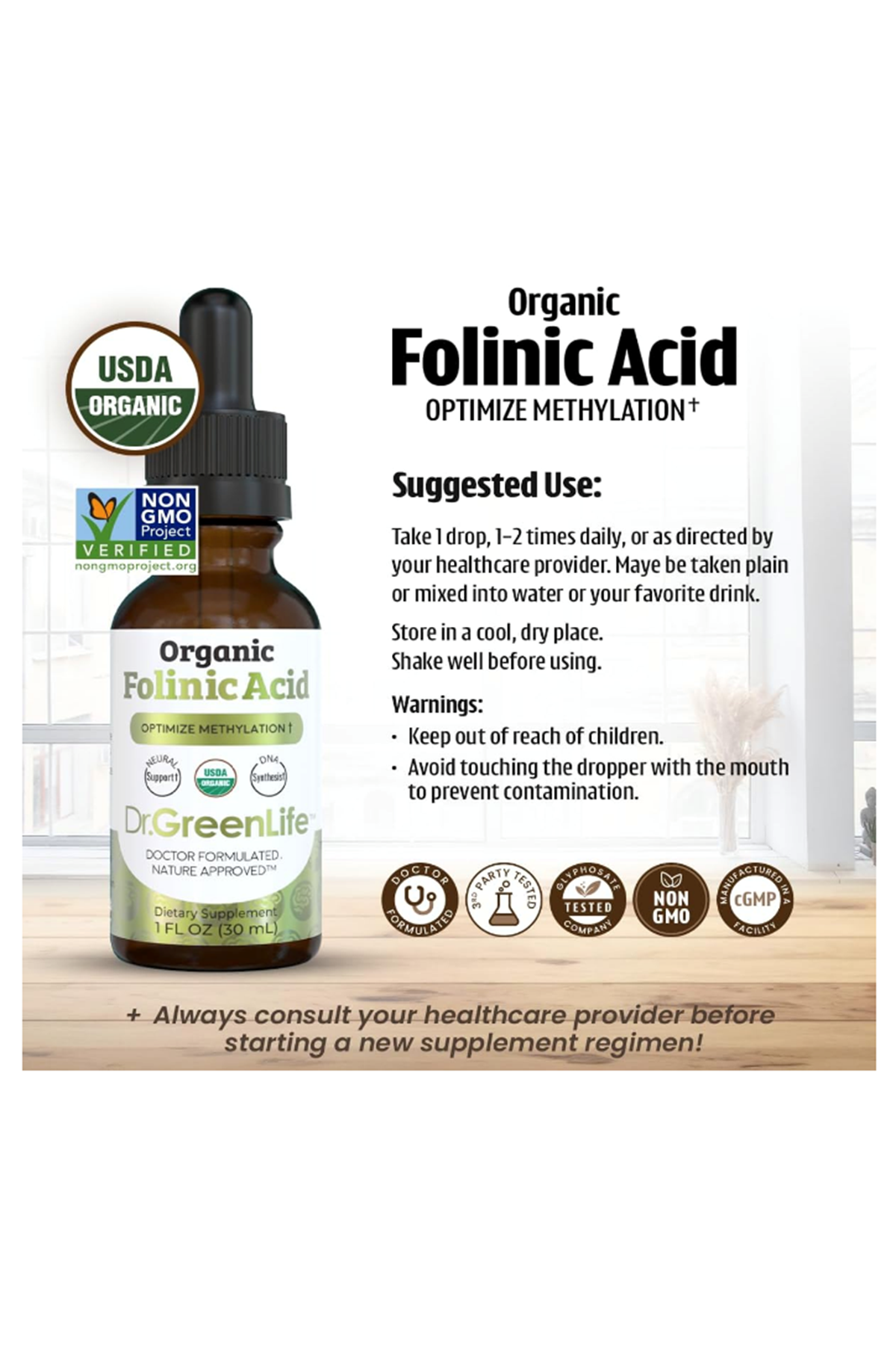 Dr. Green Mom USDA Organic Folinic Acid Drops - 500 mcg per Drop  30 ML Methylation Support B9 Supplements for Kids  Adults  Neurological Function.