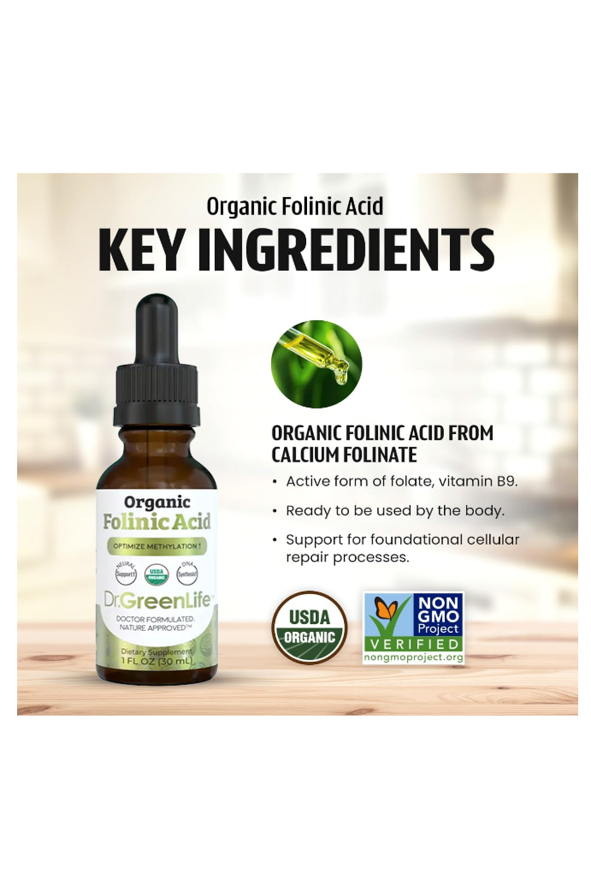 Dr. Green Mom USDA Organic Folinic Acid Drops - 500 mcg per Drop  30 ML Methylation Support B9 Supplements for Kids  Adults  Neurological Function.