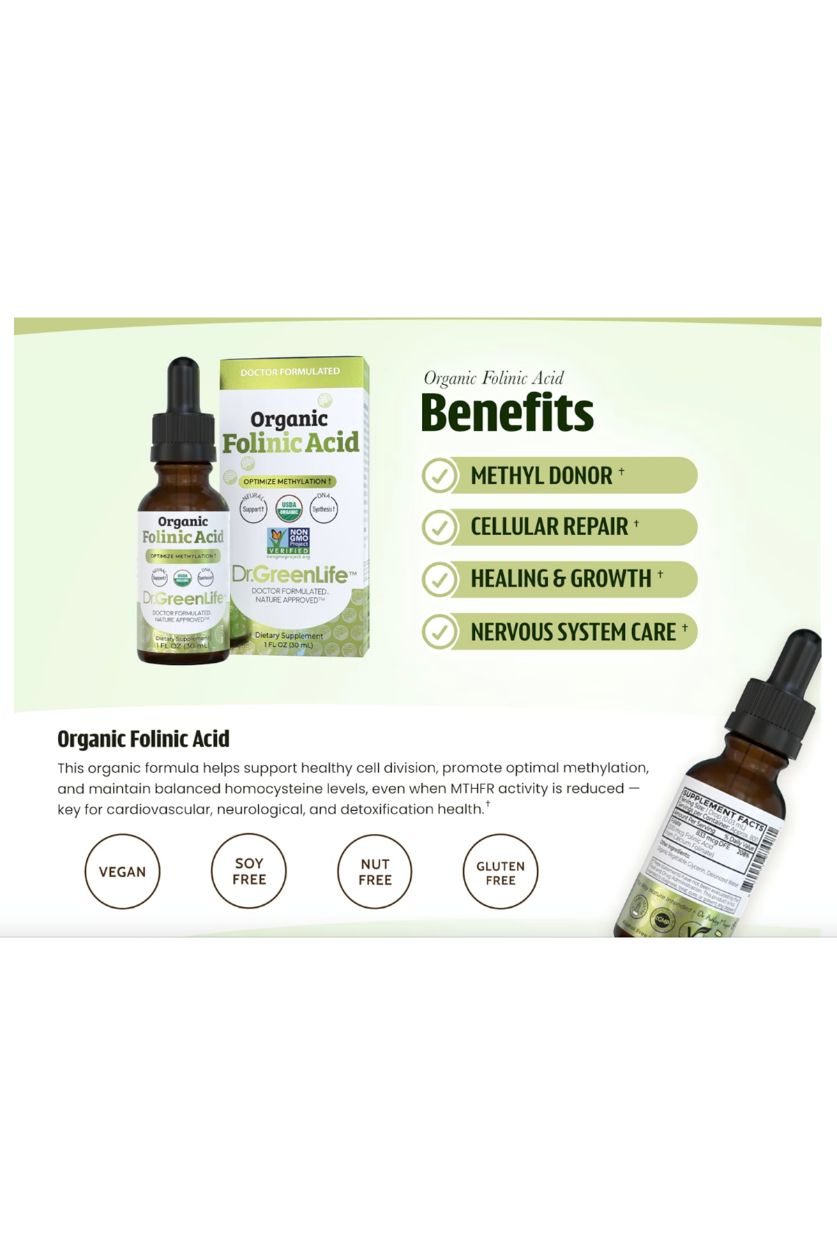Dr. Green Mom USDA Organic Folinic Acid Drops - 500 mcg per Drop  30 ML Methylation Support B9 Supplements for Kids  Adults  Neurological Function.