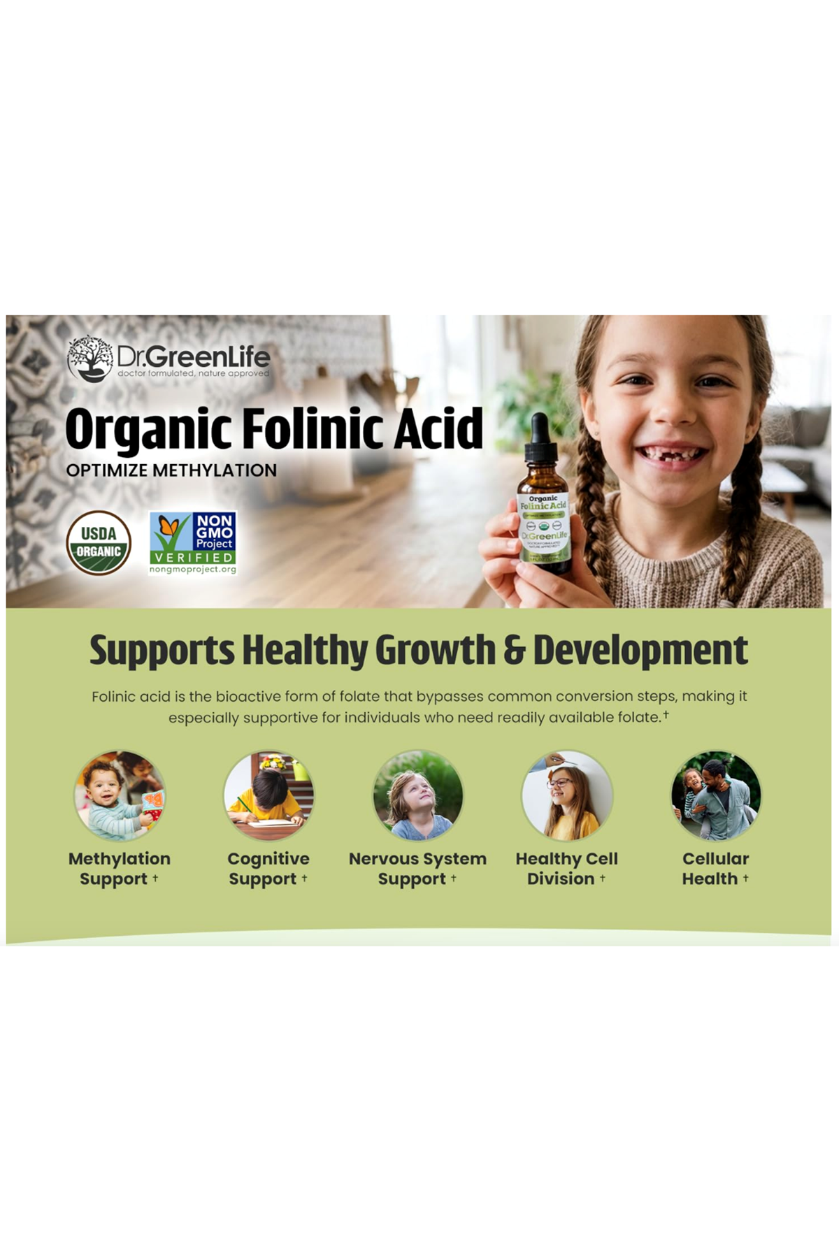 Dr. Green Mom USDA Organic Folinic Acid Drops - 500 mcg per Drop  30 ML Methylation Support B9 Supplements for Kids  Adults  Neurological Function.