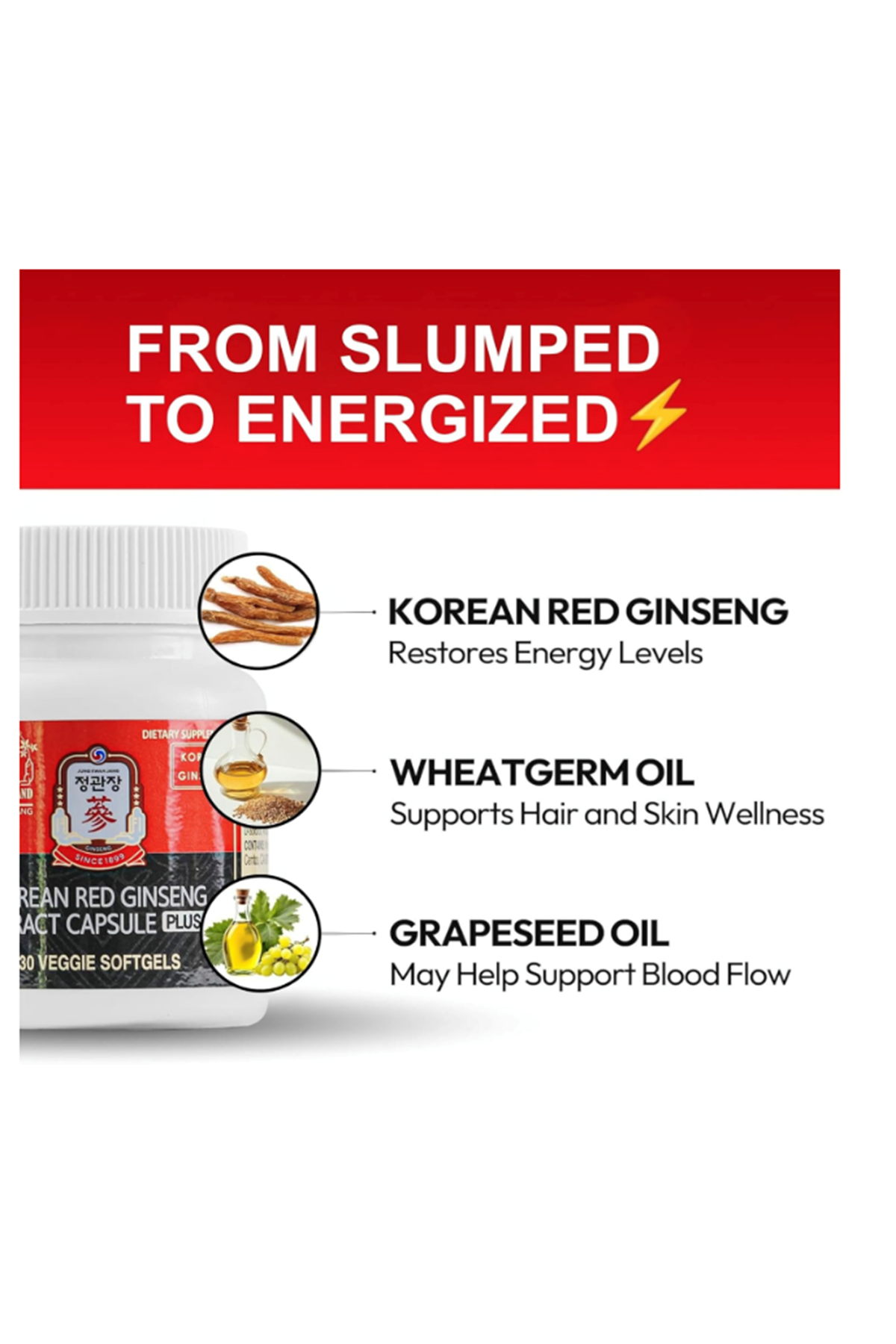 JUNG KWAN JANG Korean Red Ginseng Extract Men  Women Natural Energy Immune 30 Veg Softgel.