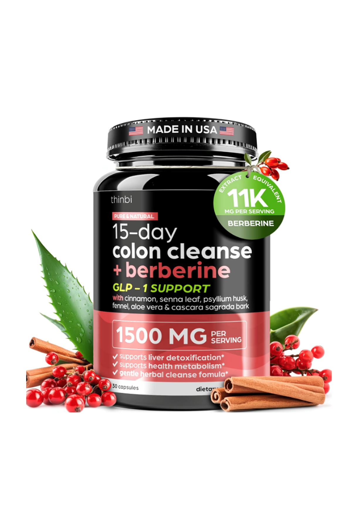 THİNBİ  Colon Cleanse Berberine 1500mg  30 Capsul 15 Day Parasite Detox Men Women –Extra Strength.