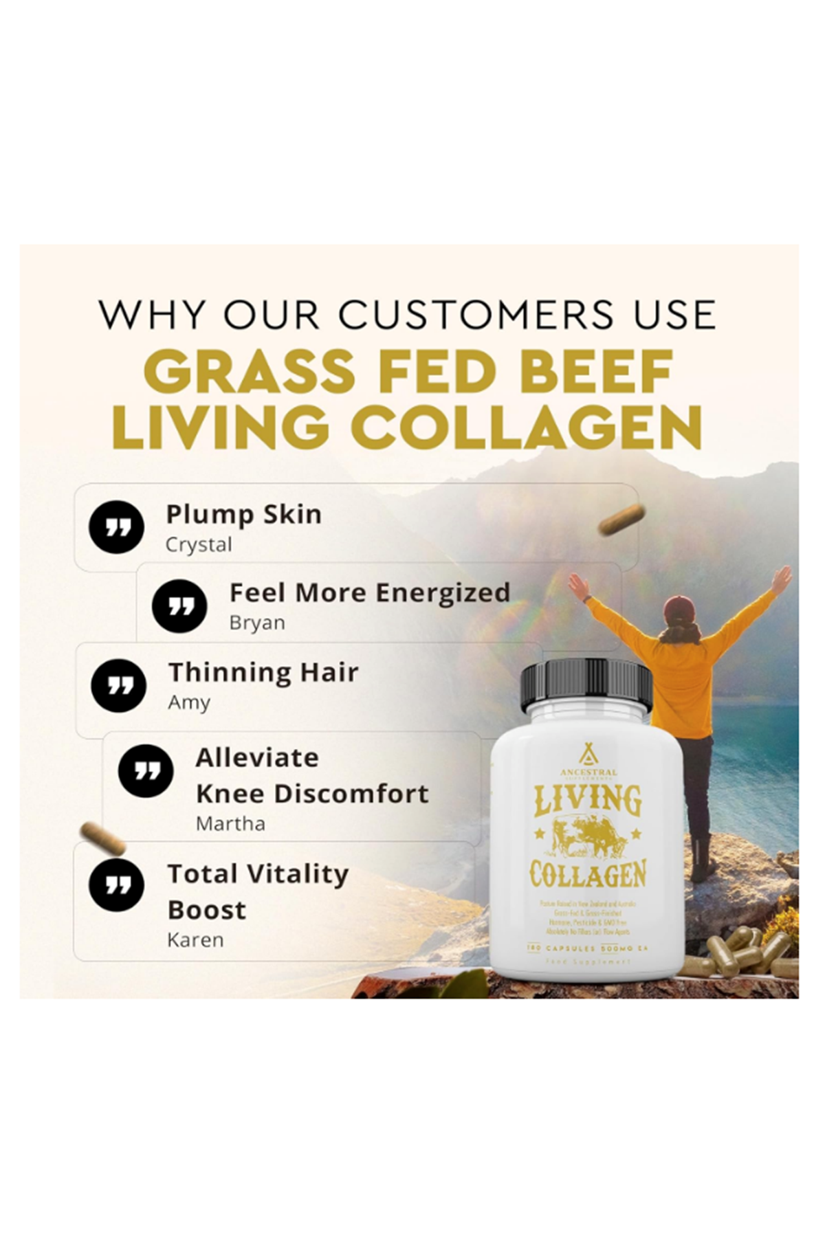 Ancestral Supplements  Grass Fed Beef Living Collagen 3000mg 180 Capsul.Orj Usa.85